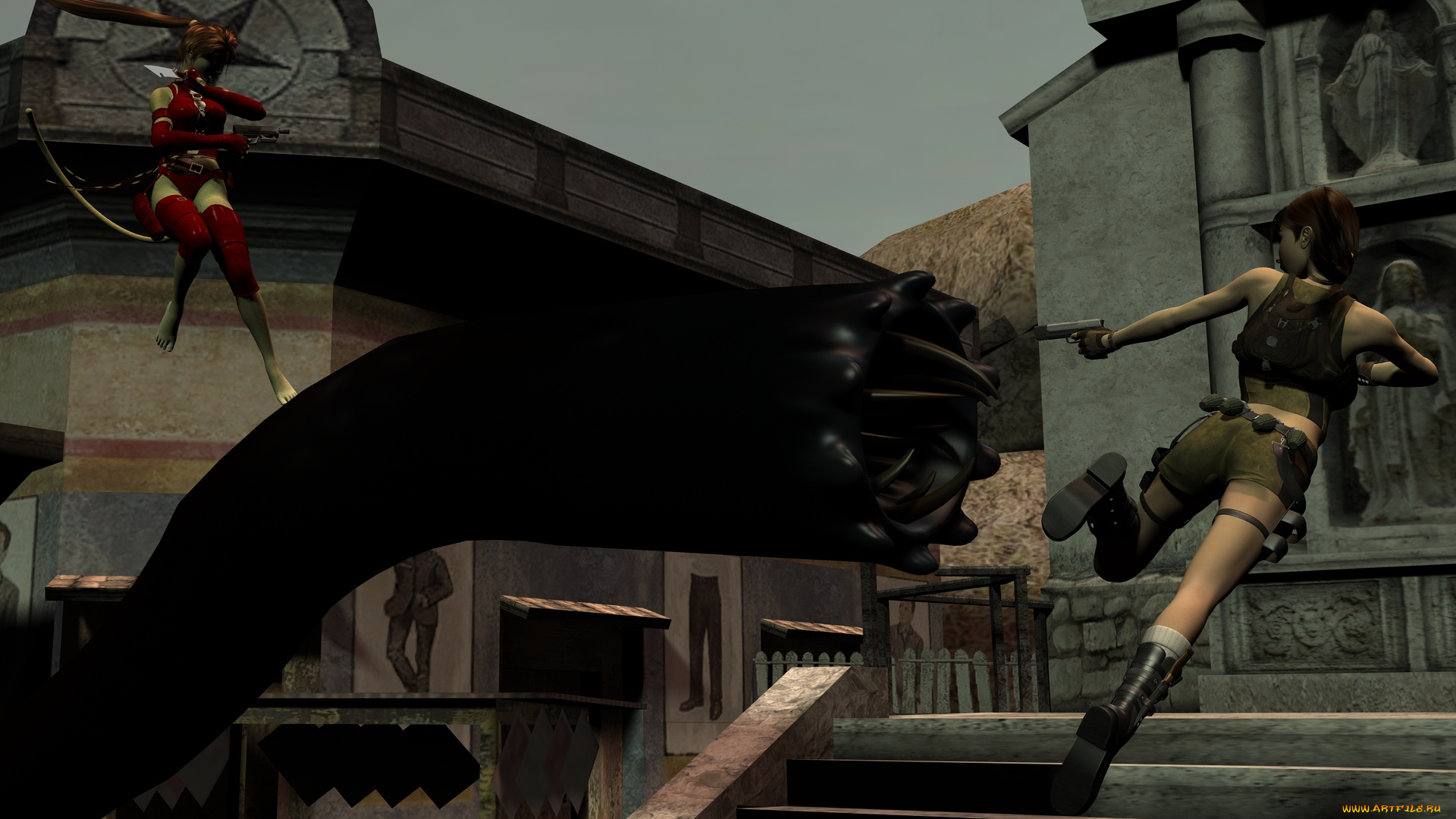 3д, графика, fantasy, , фантазия, девушка, кошка, существо, лестница