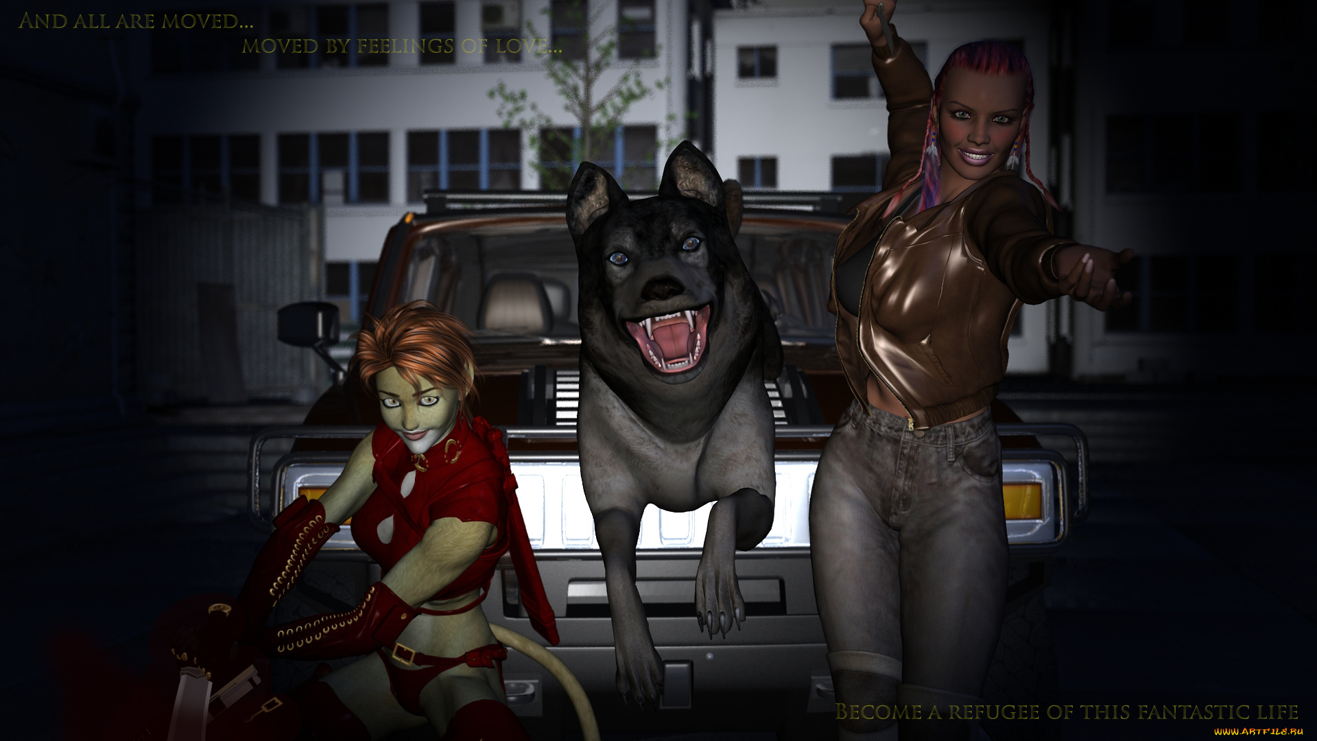 3д, графика, fantasy, , фантазия, девушка, кошка, собака