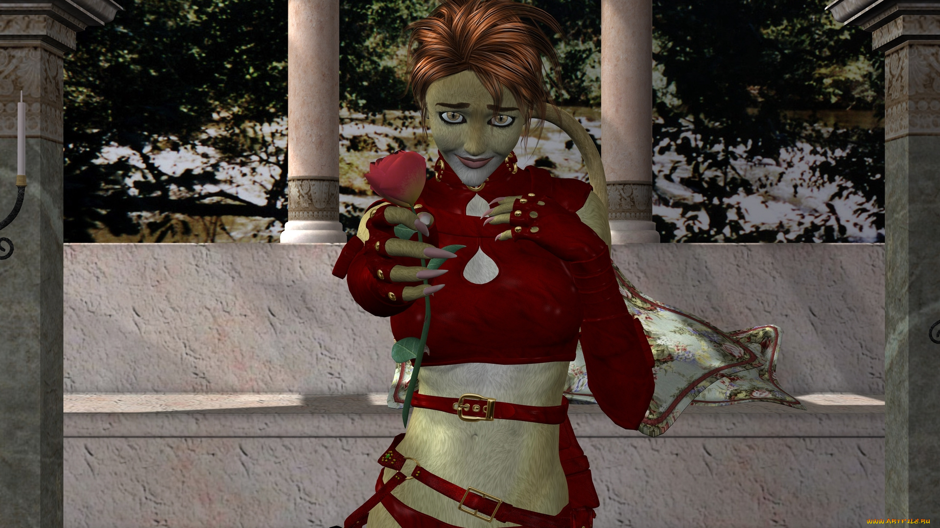 3д, графика, fantasy, , фантазия, девушка, кошка, цветок