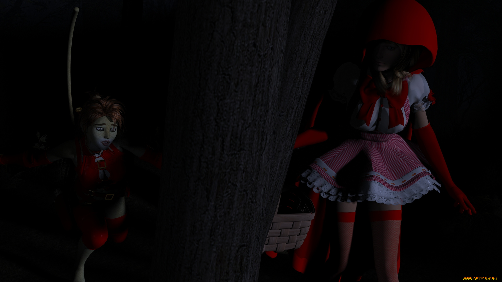 3д, графика, fantasy, , фантазия, девушка, засада, корзина, лес, кошка