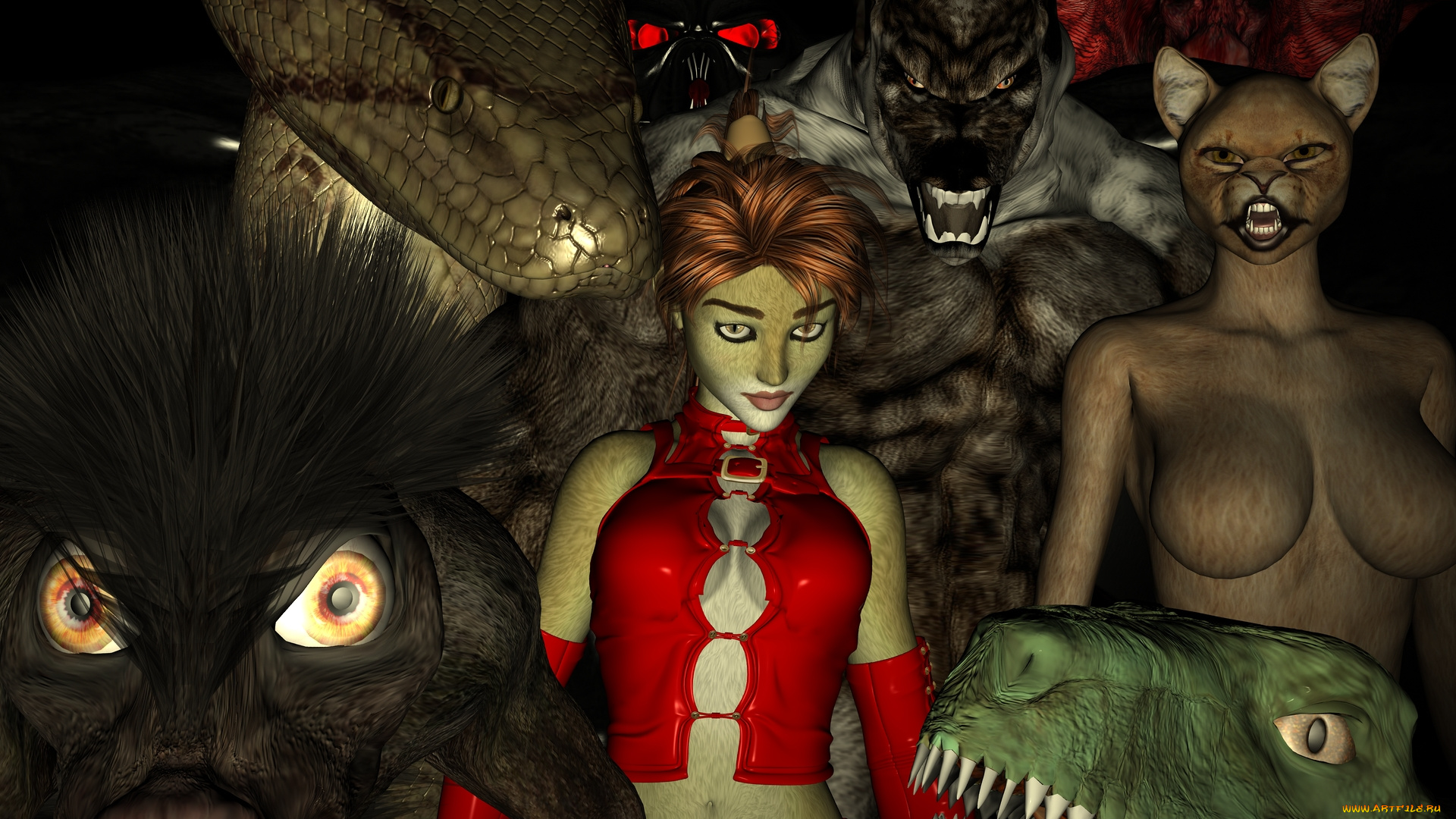 3д, графика, fantasy, , фантазия, девушки, кошки, змеи, существа