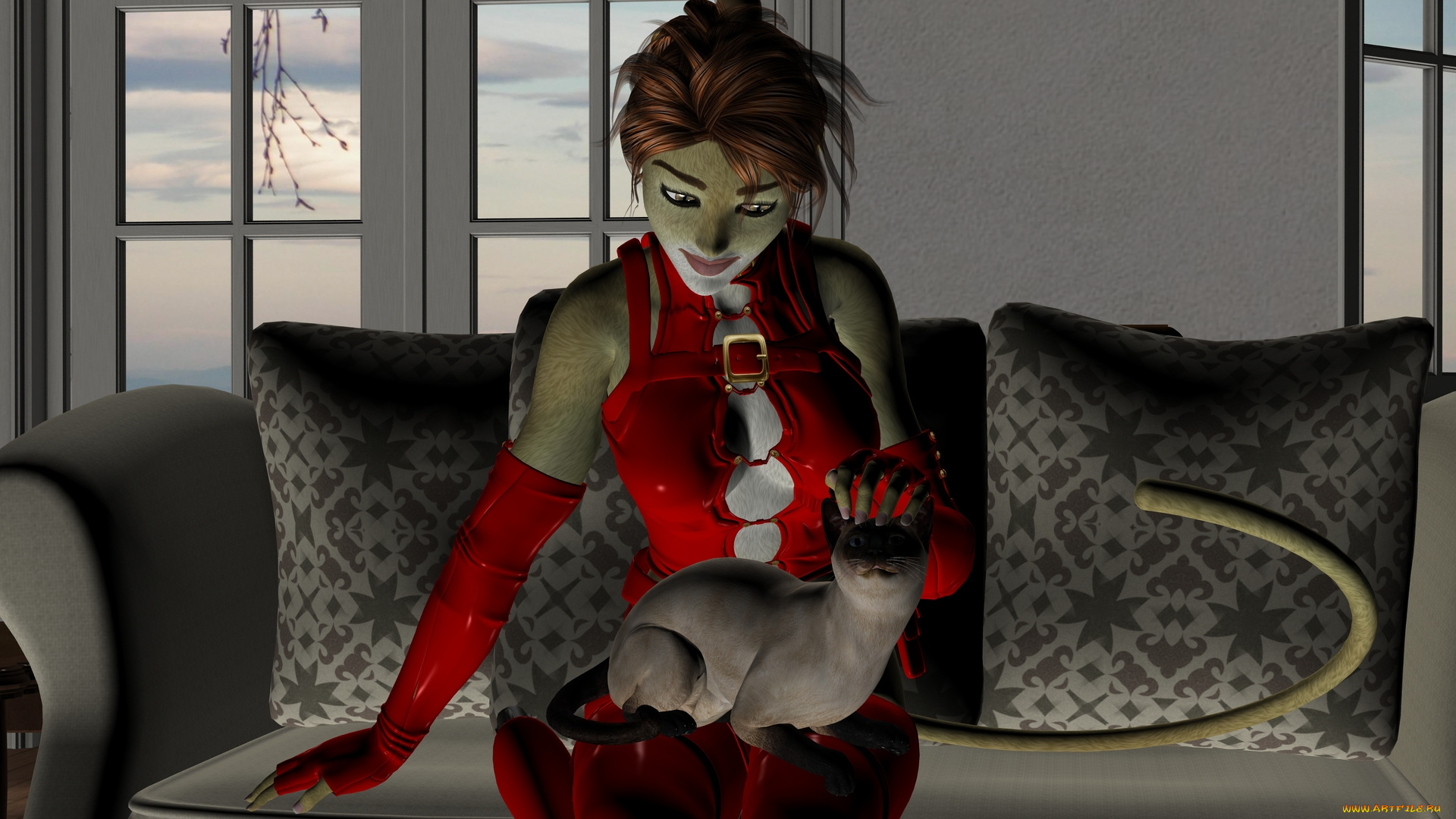 3д, графика, fantasy, , фантазия, диван, кошка, комната, девушка