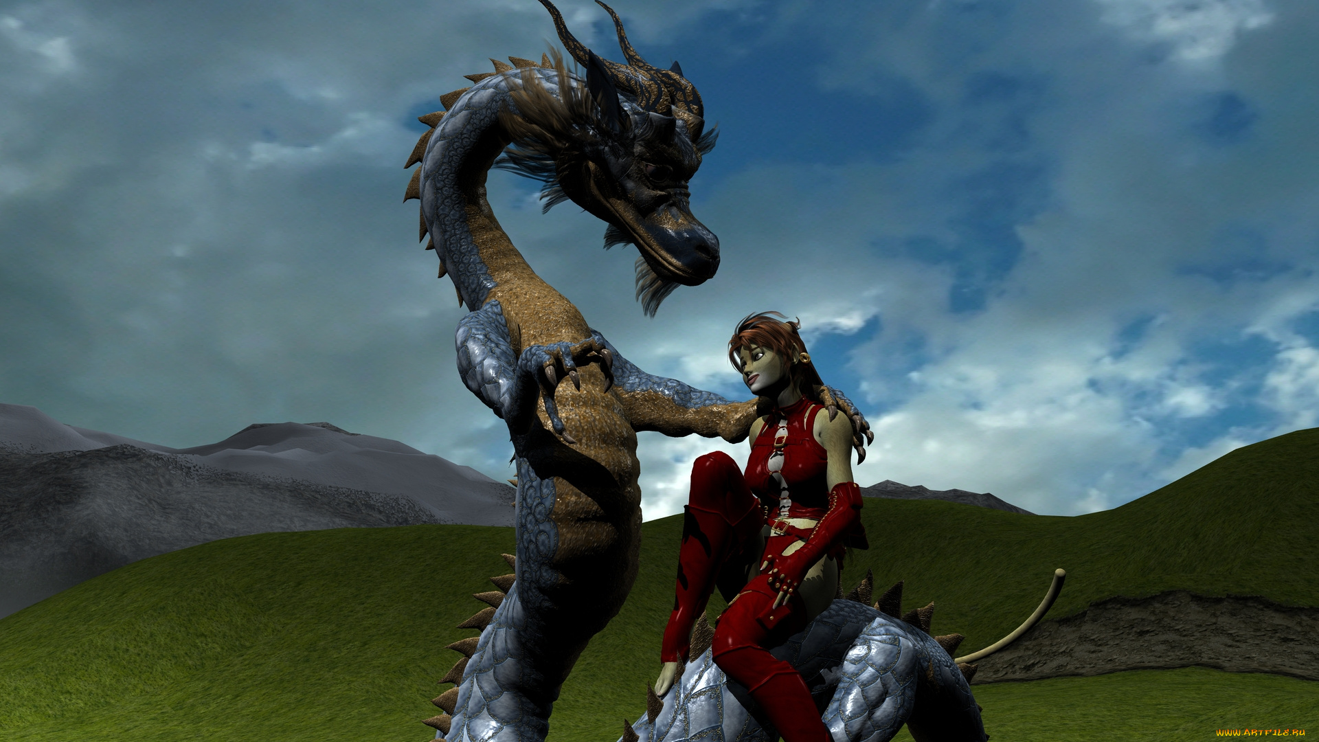 3д, графика, fantasy, , фантазия, дракон, девушка, кошка