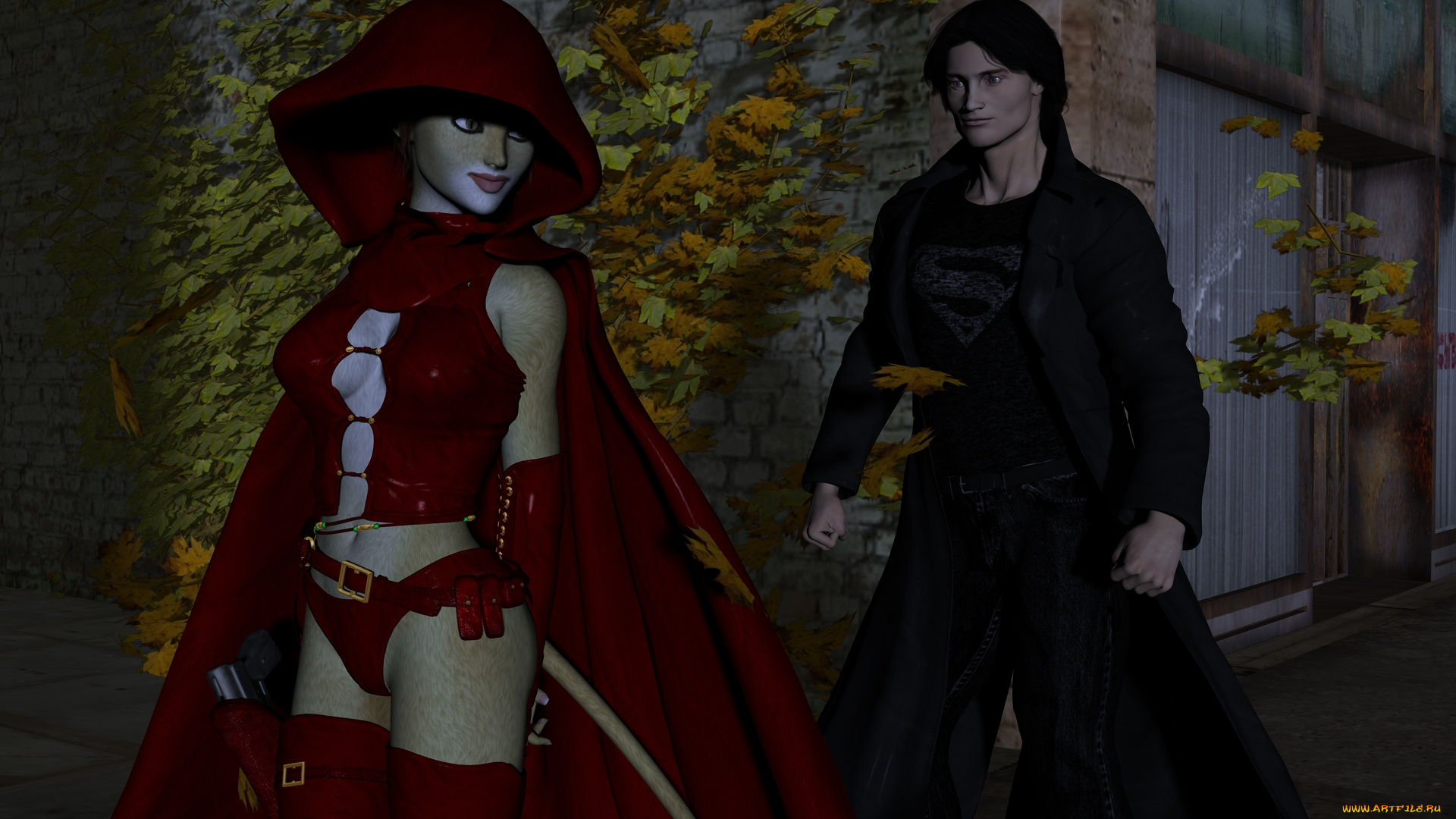 3д, графика, fantasy, , фантазия, мужчина, девушка, кошка, улица, ночь