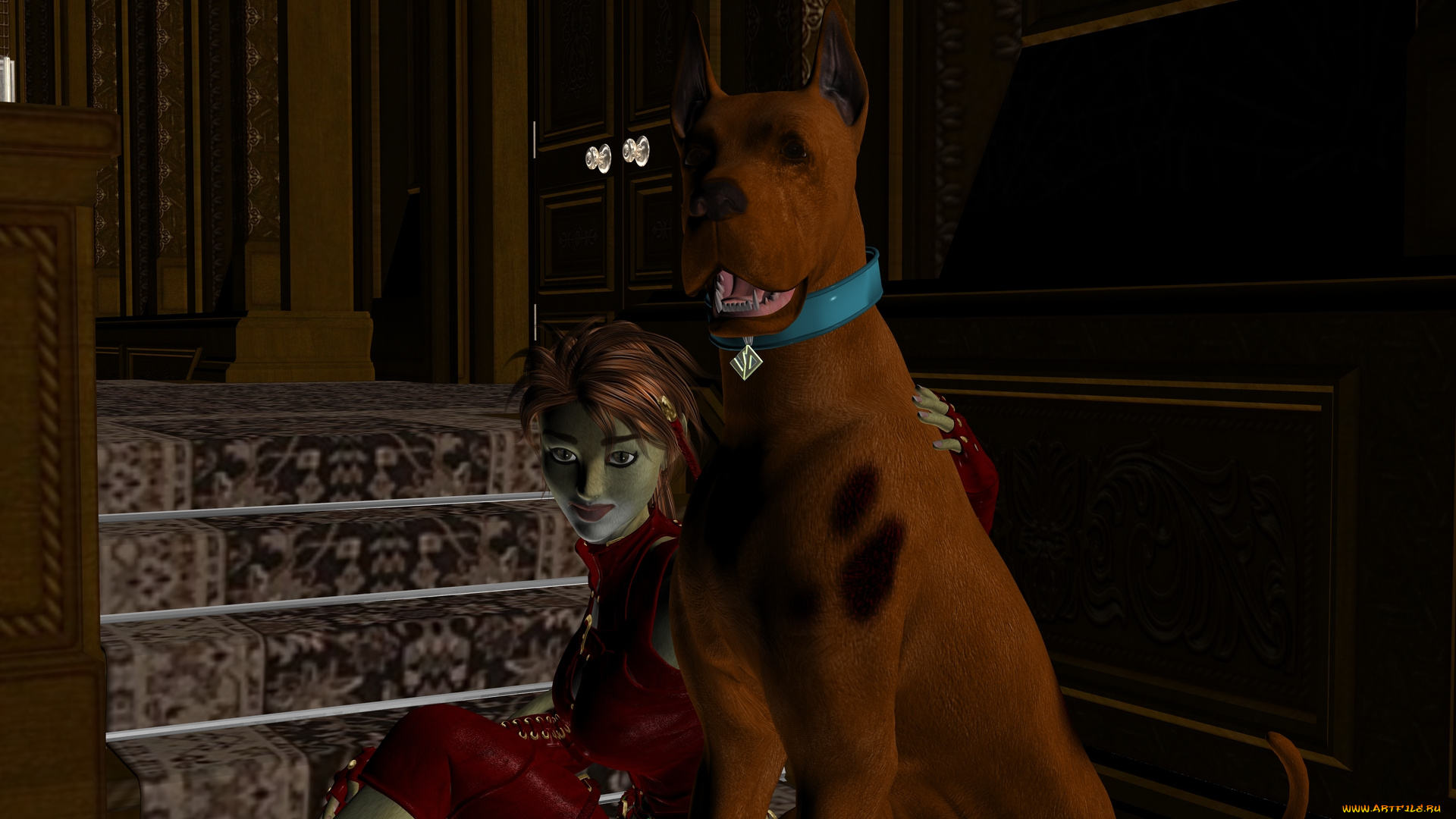 3д, графика, fantasy, , фантазия, собака, девушка, кошка