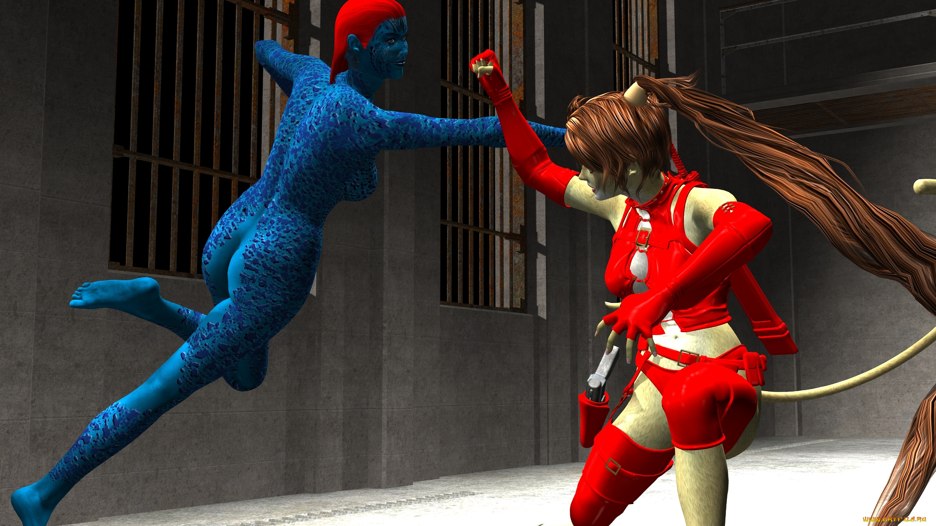 3д, графика, fantasy, , фантазия, существо, драка, девушка, кошка