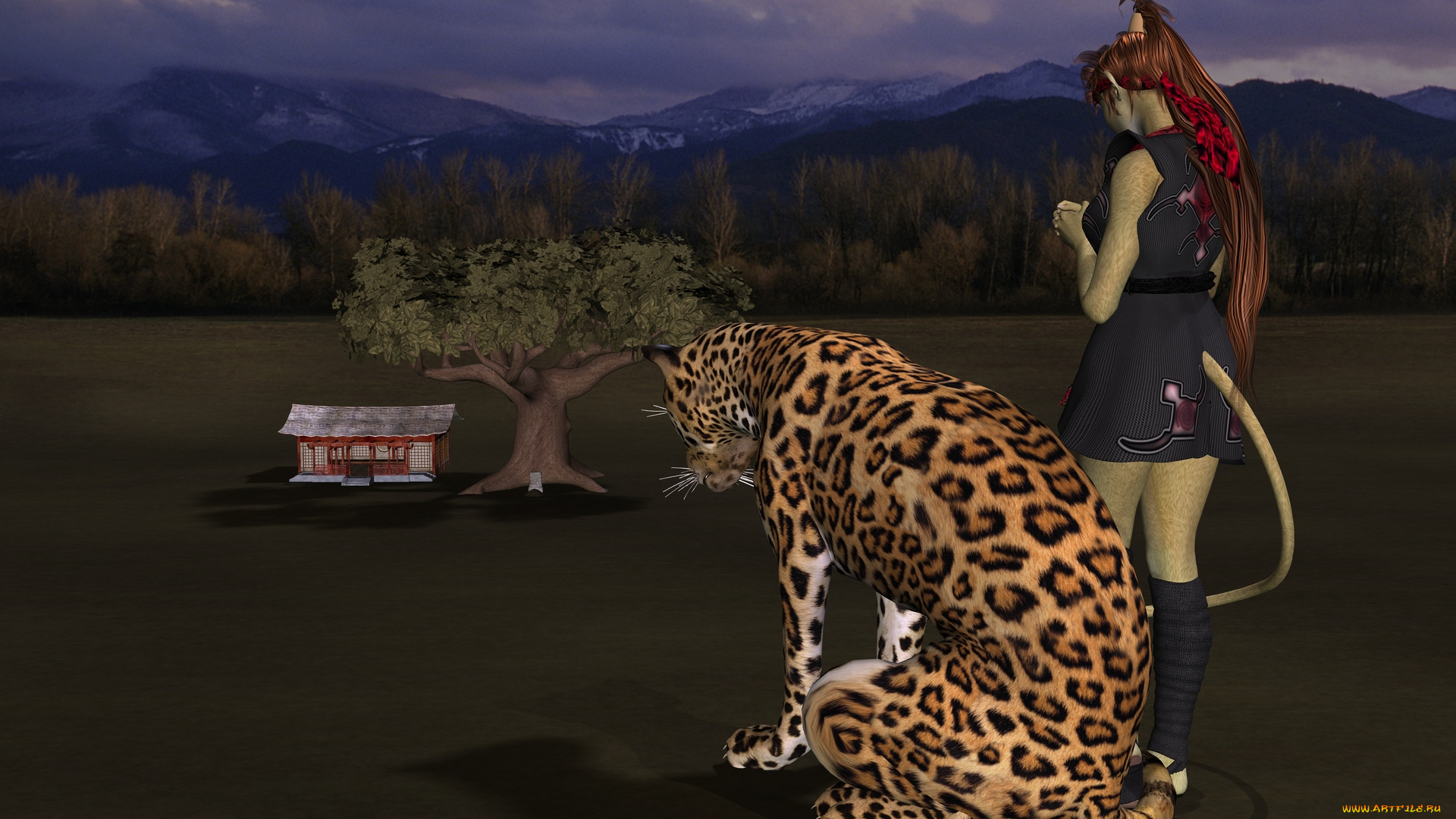 3д, графика, fantasy, , фантазия, тигр, горы, девушка, кошка, дерево, дом