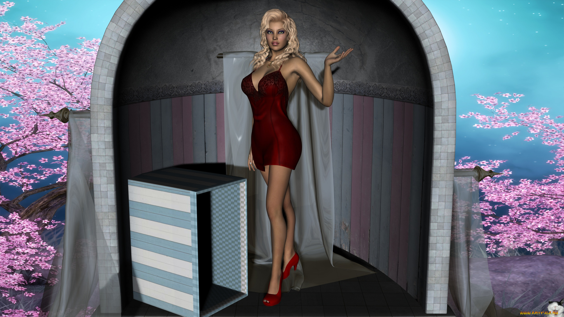 3д, графика, people, , люди, взгляд, девушка, сакура, блондинка