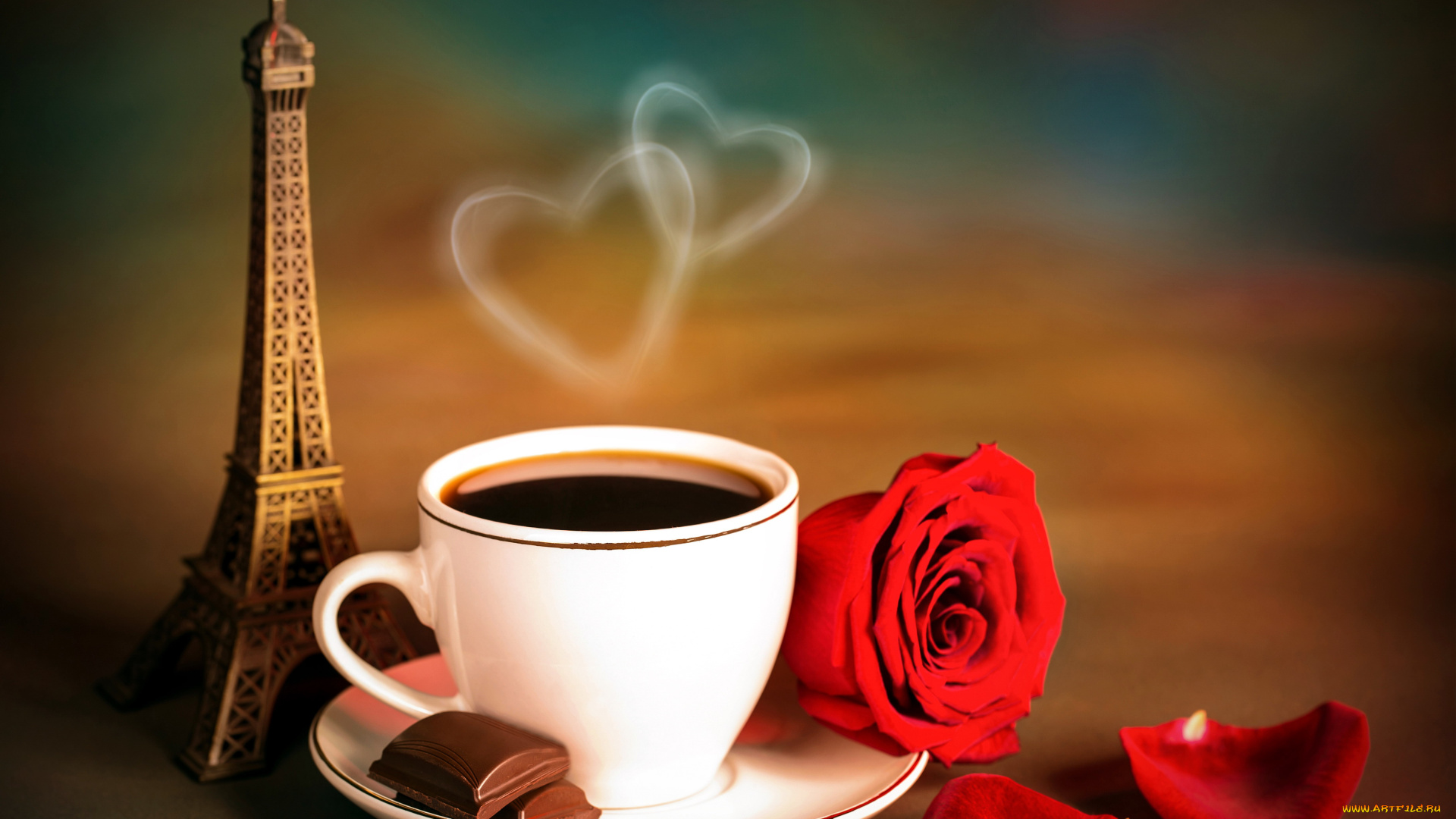 еда, кофе, , кофейные, зёрна, эйфелева, башня, сердечки, шоколад, лепестки, роза