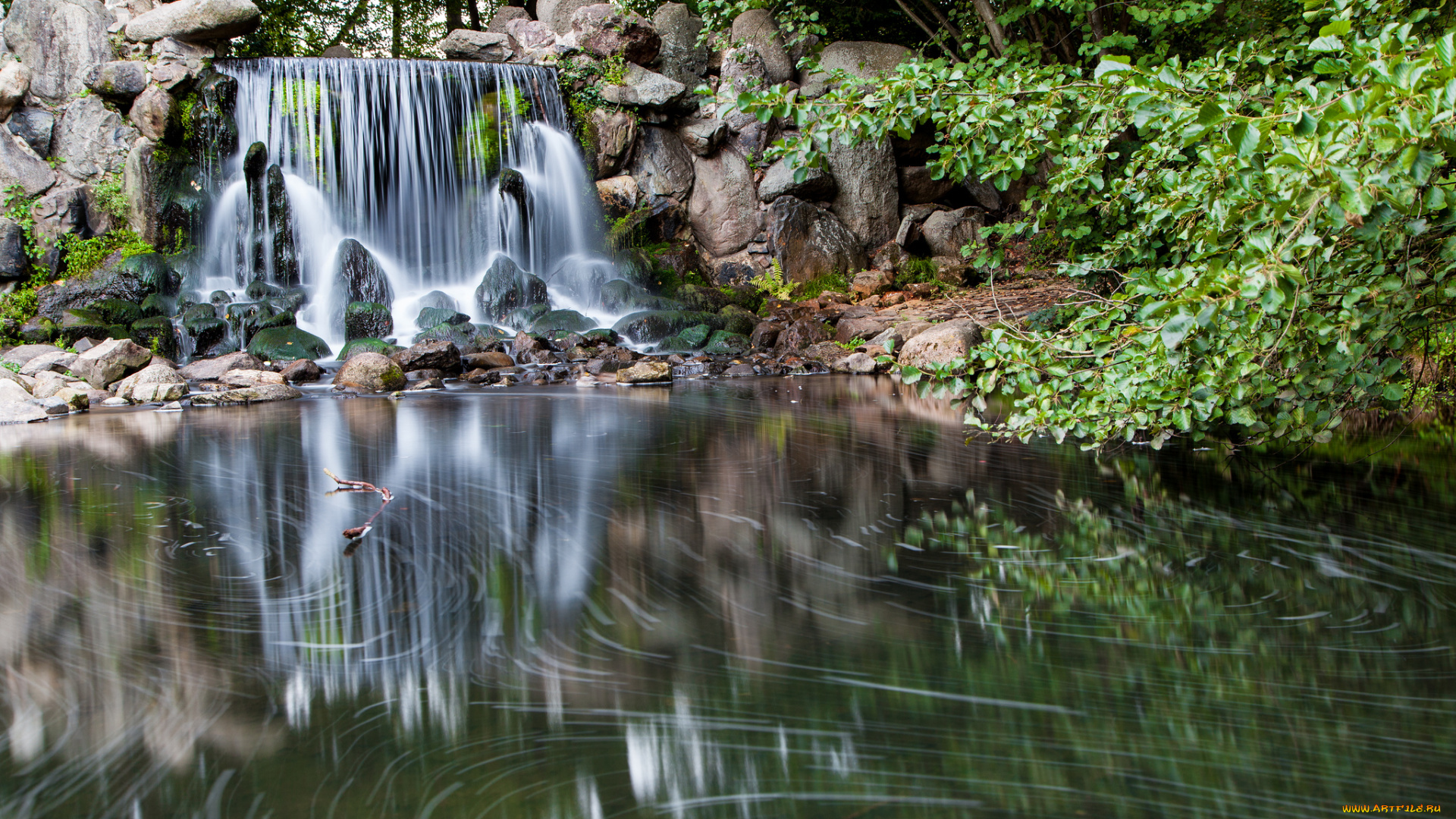 природа, водопады, лес, река, обрыв, камни, водопад