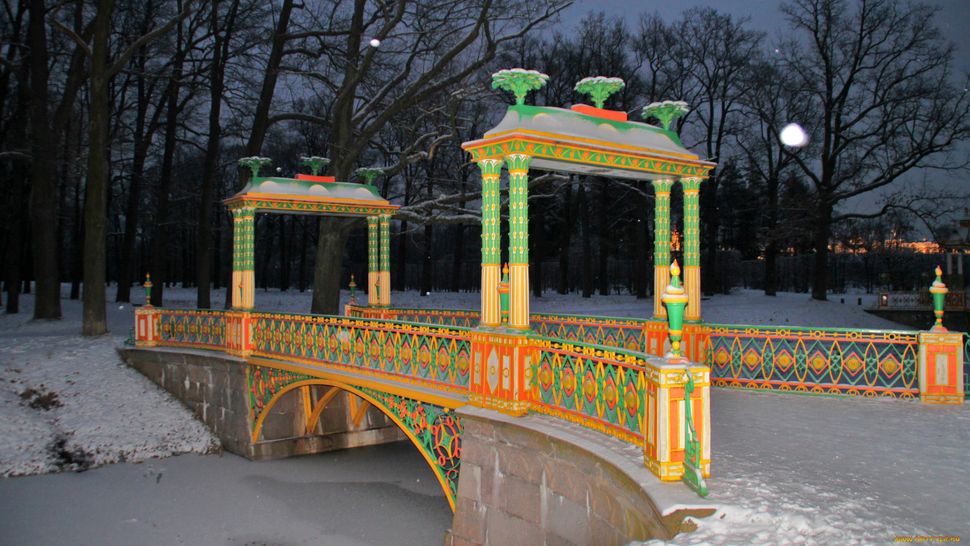 пушкин, , царское, село, природа, парк, река, мосты, деревья, ночь, фонари