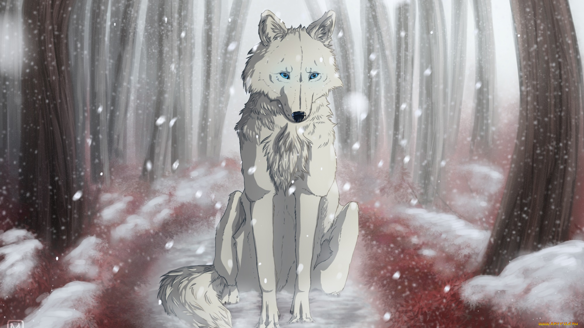 рисованные, животные, , собаки, лес, снег, дорога, волк