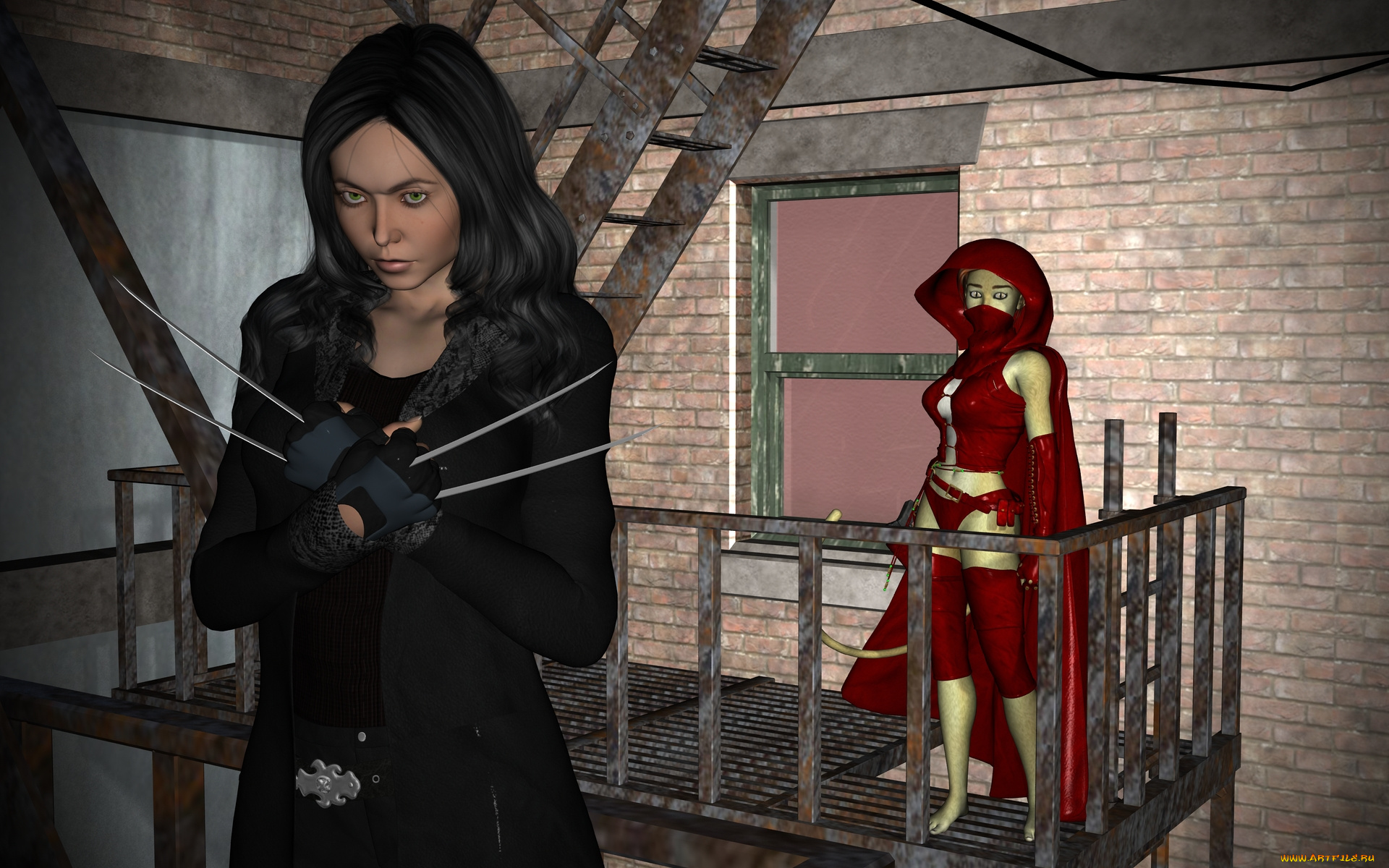 3д, графика, fantasy, , фантазия, балкон, кошка, девушка