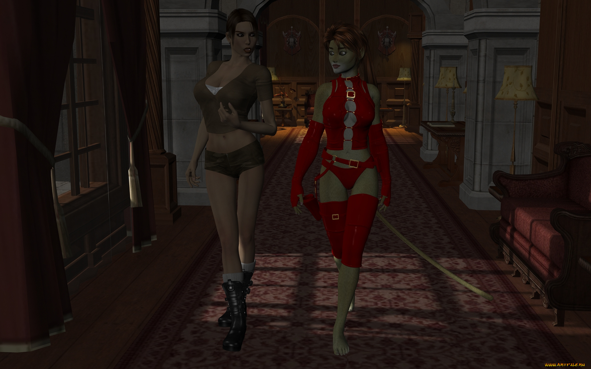 3д, графика, fantasy, , фантазия, девушка, кошка, комната