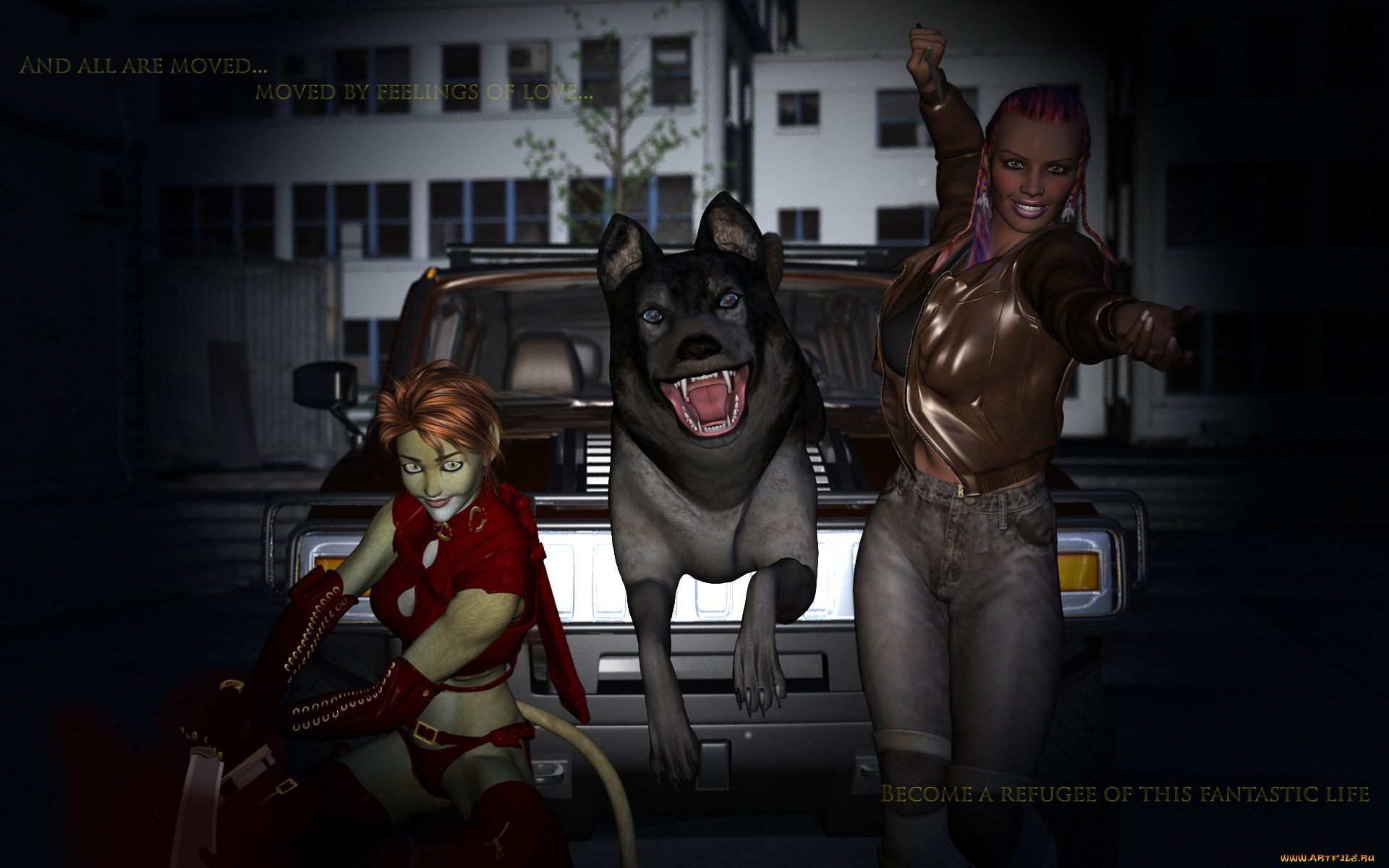 3д, графика, fantasy, , фантазия, девушка, кошка, собака