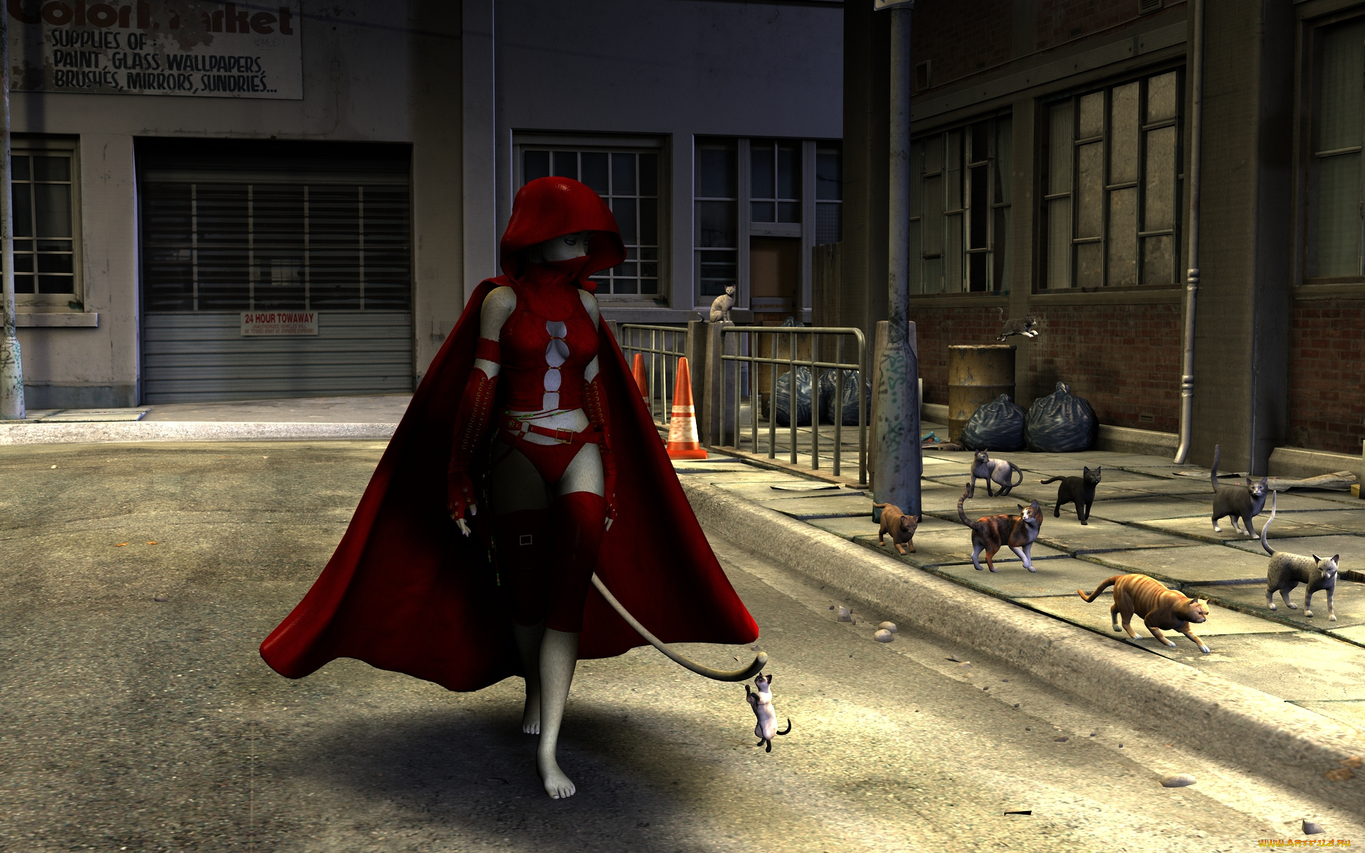 3д, графика, fantasy, , фантазия, девушка, кошка, двор, плащ, кошки