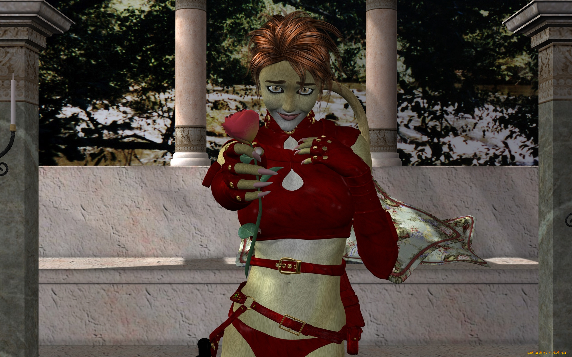 3д, графика, fantasy, , фантазия, девушка, кошка, цветок