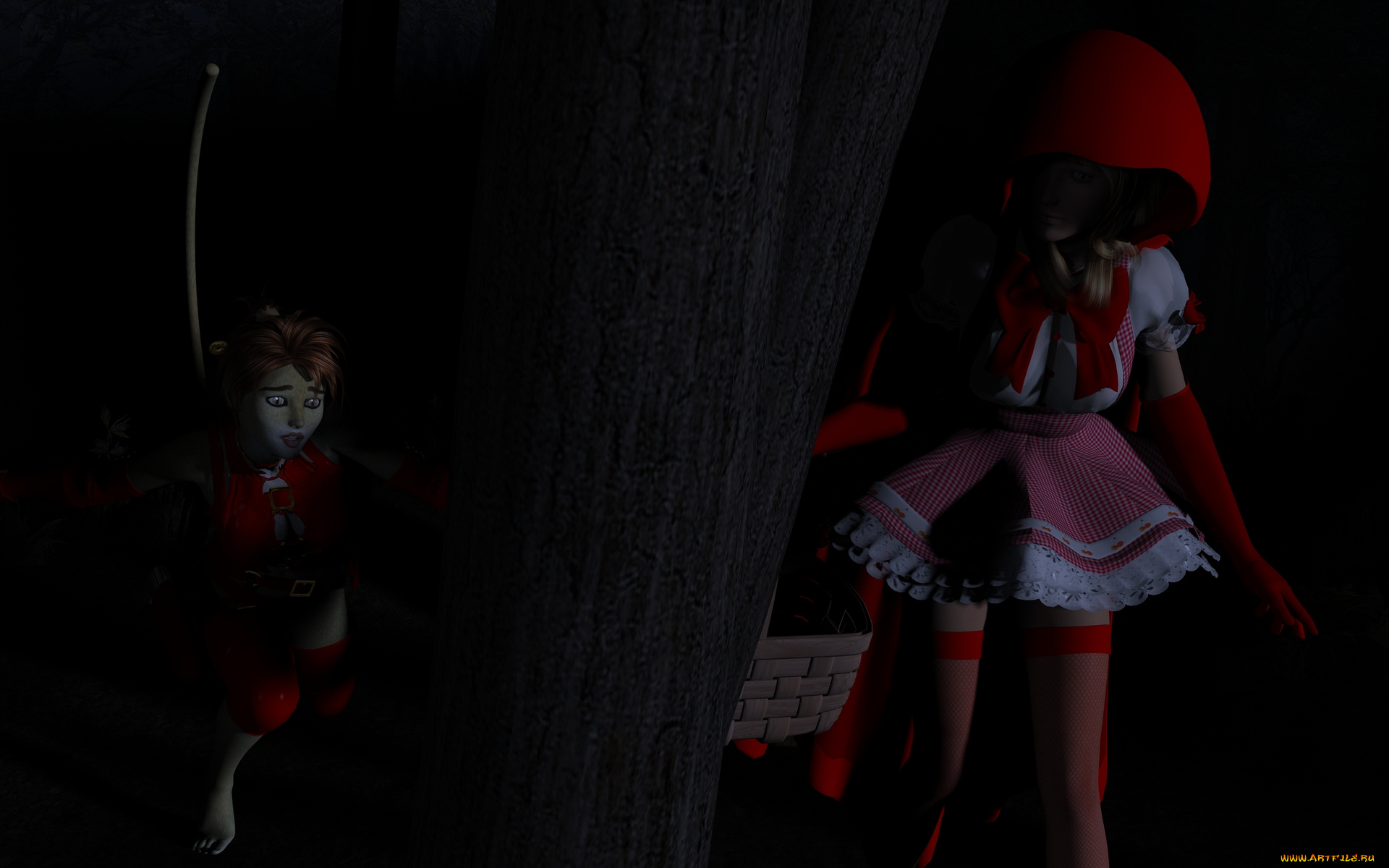 3д, графика, fantasy, , фантазия, девушка, засада, корзина, лес, кошка