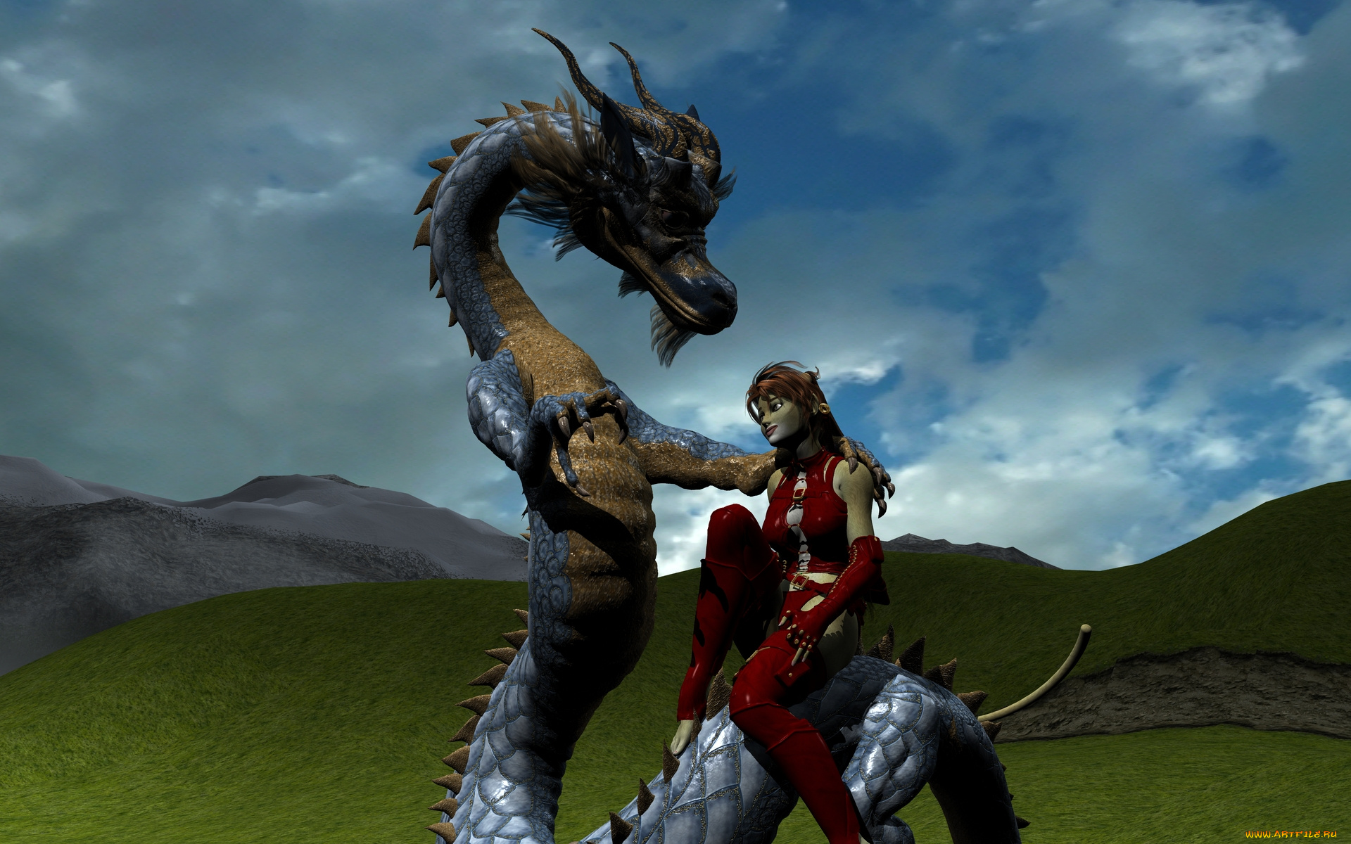 3д, графика, fantasy, , фантазия, дракон, девушка, кошка