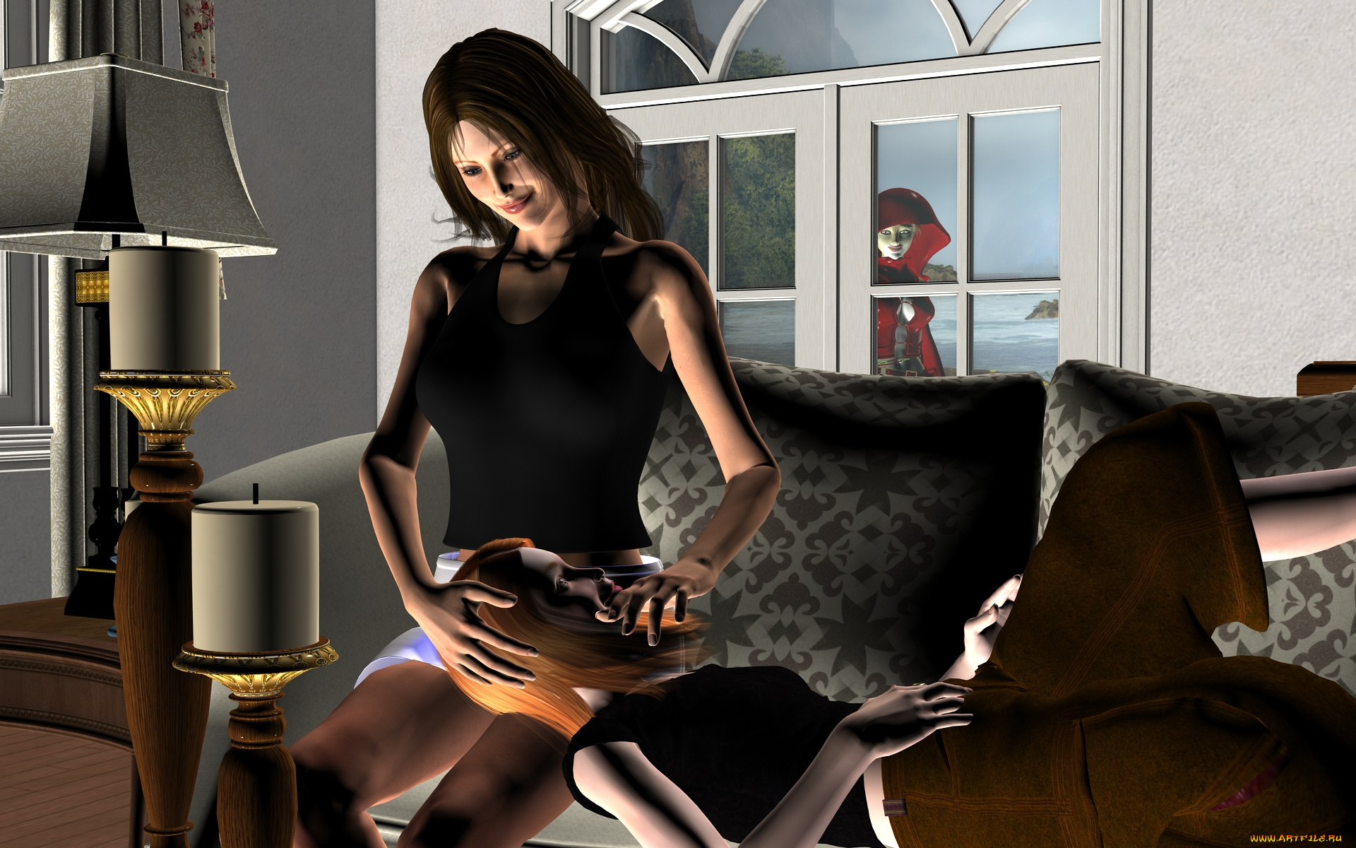 3д, графика, fantasy, , фантазия, галактика, супермен, девушка, окно, комната, диван, девушки, накидка