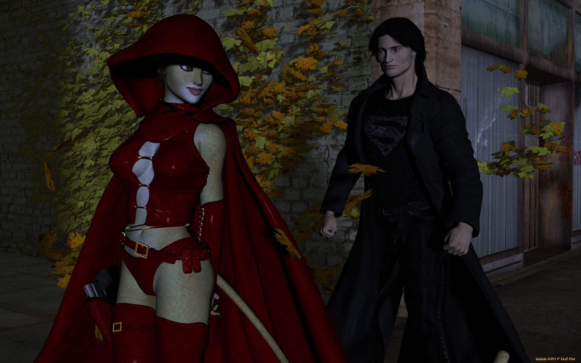 3д, графика, fantasy, , фантазия, мужчина, девушка, кошка, улица, ночь