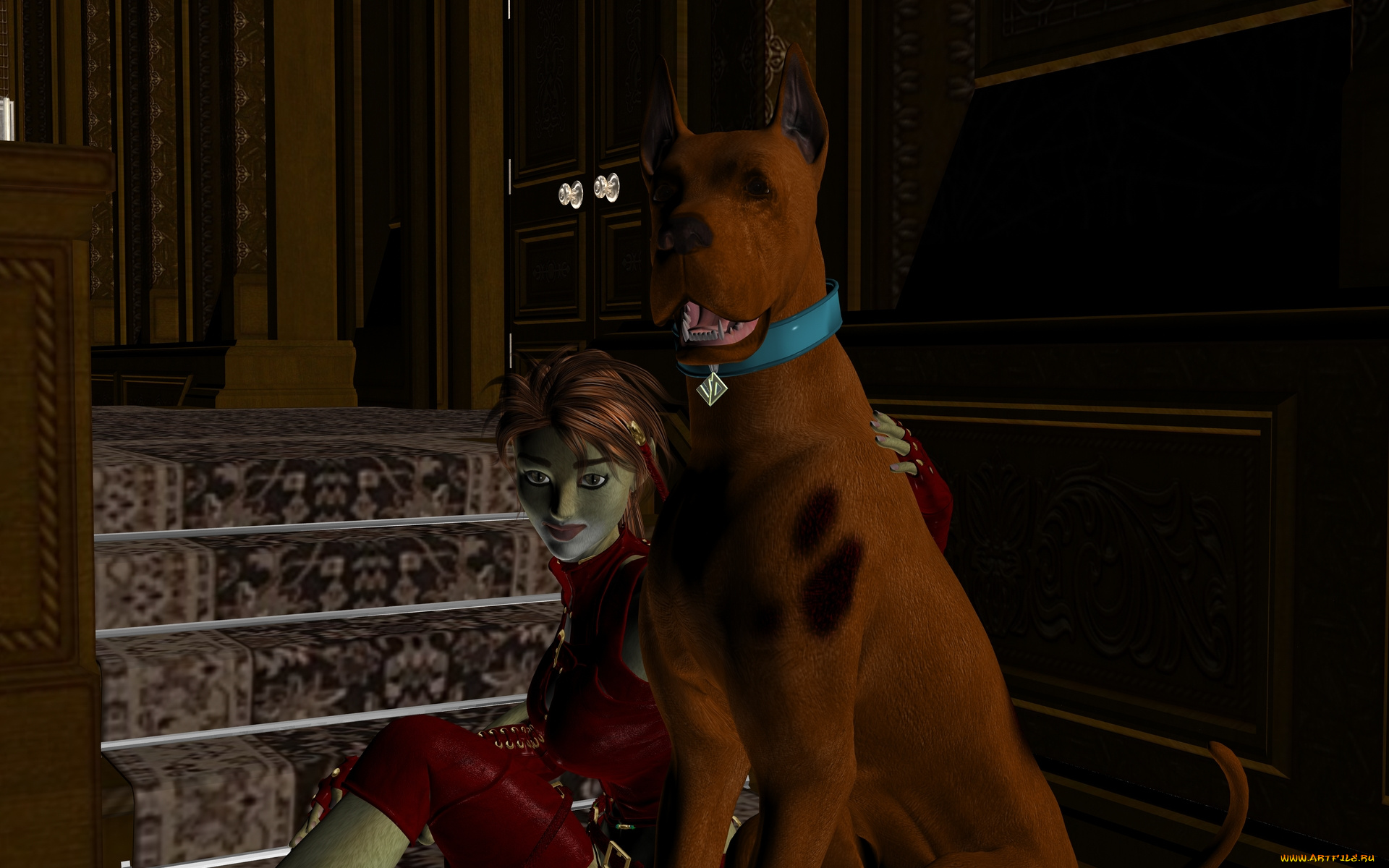 3д, графика, fantasy, , фантазия, собака, девушка, кошка