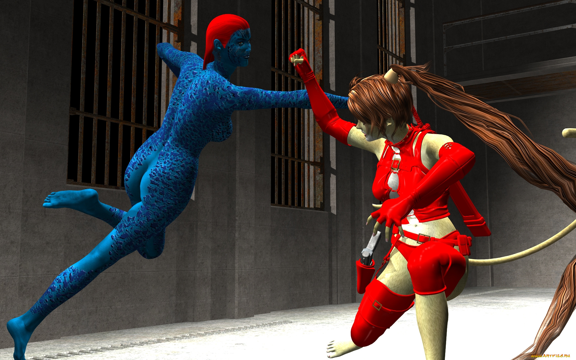 3д, графика, fantasy, , фантазия, существо, драка, девушка, кошка