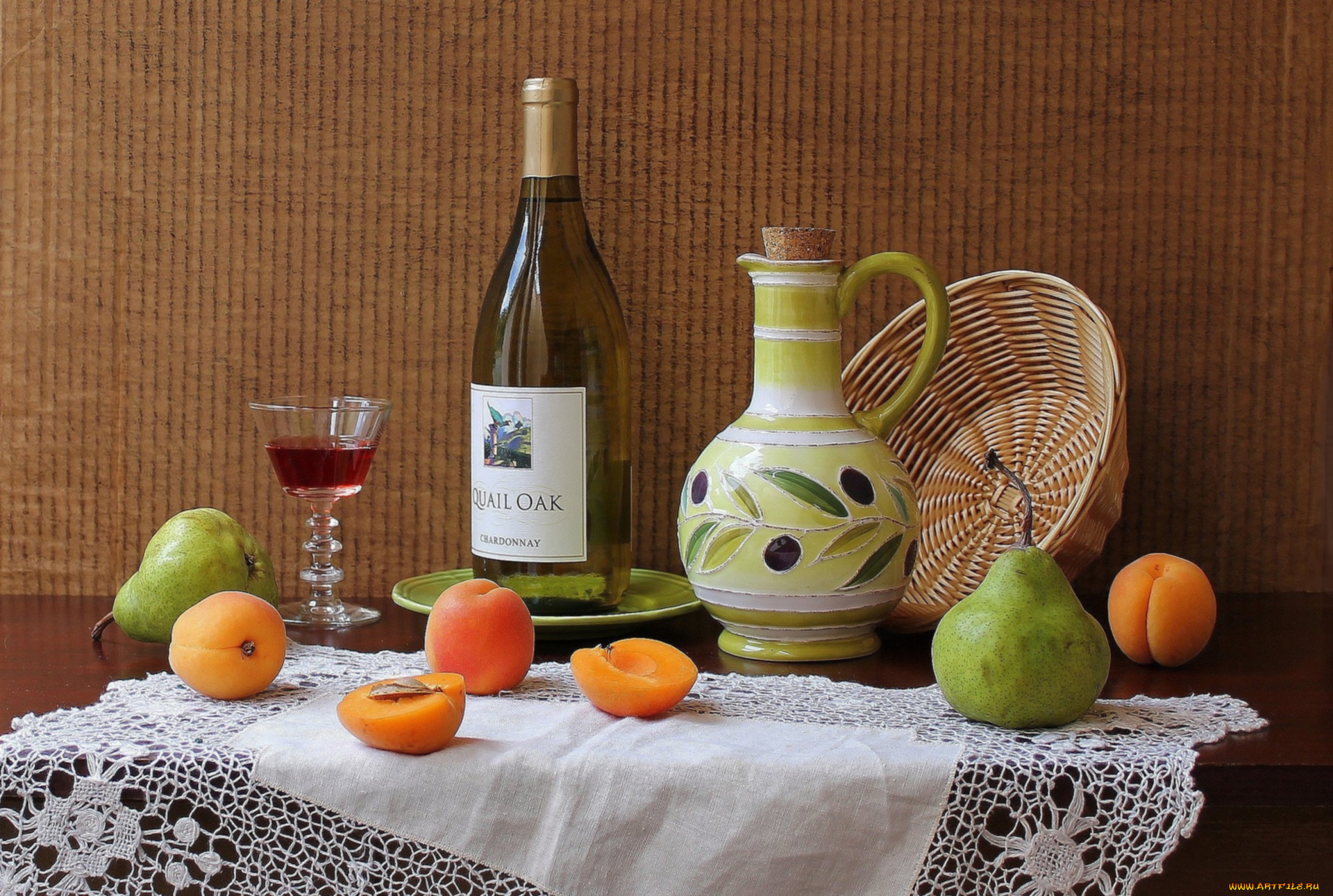 еда, натюрморт, груши, абрикосы, вино