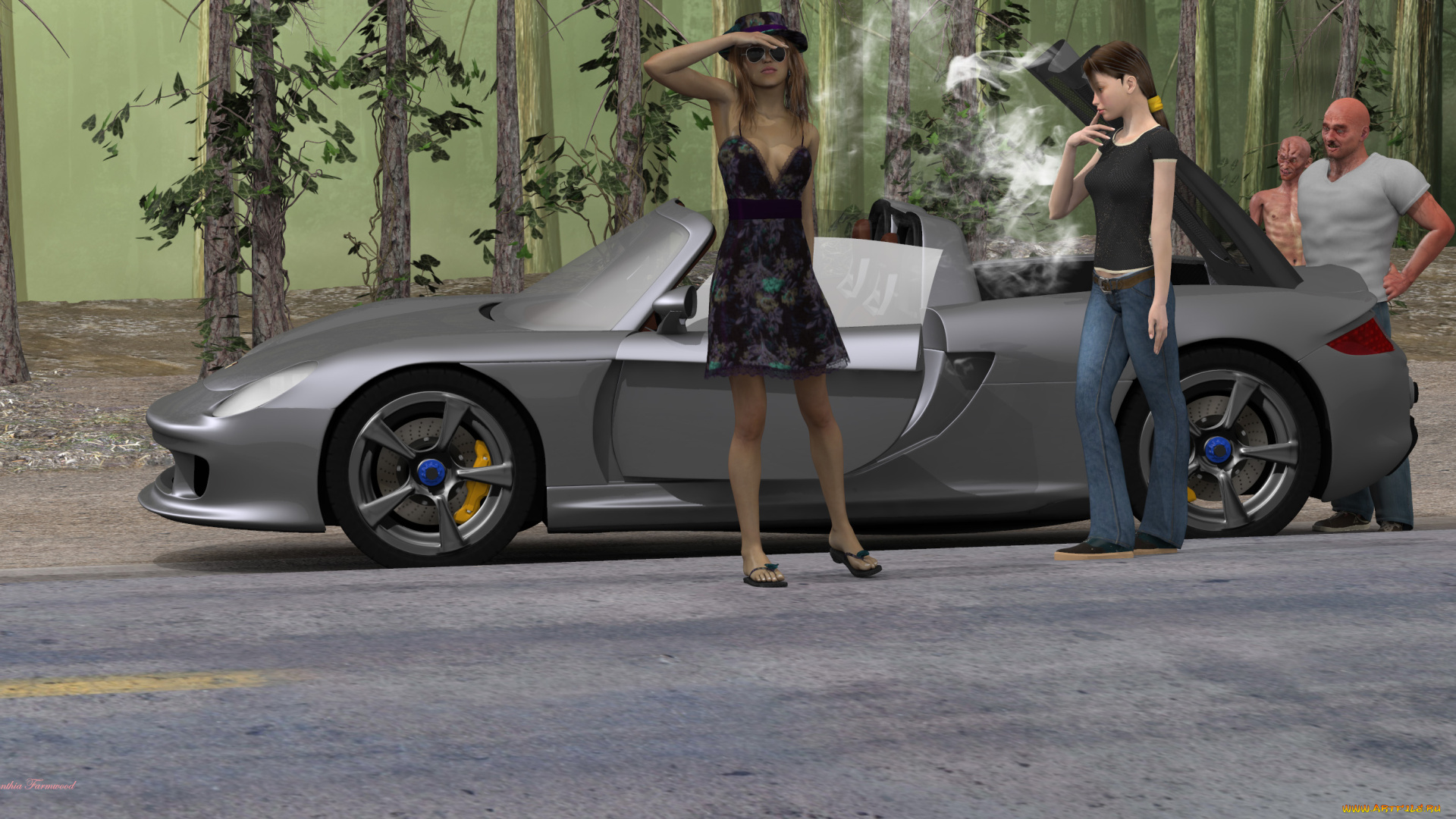 автомобили, 3d, car&girl, фон, взгляд, девушки, автомобиль