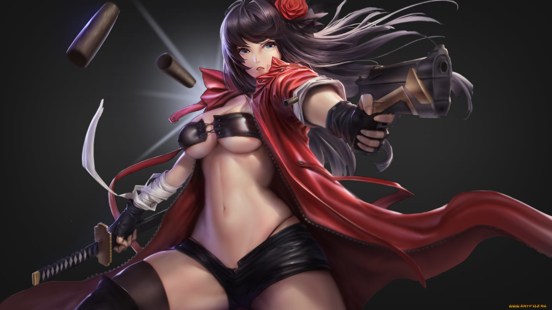 аниме, оружие, , техника, , технологии, взгляд, поза, грудь, девушка, эротика, цветок, волосы, роза