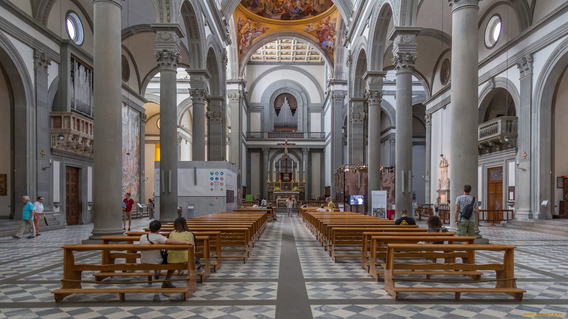 интерьер, убранство, , роспись, храма, колонна, неф, италия, скамья, религия, флоренция, базилика, сан-лоренцо