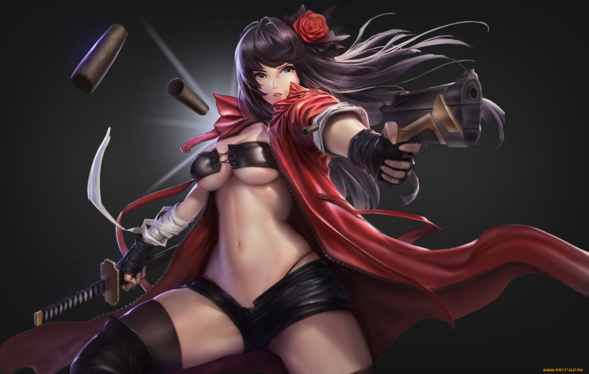 аниме, оружие, , техника, , технологии, взгляд, поза, грудь, девушка, эротика, цветок, волосы, роза