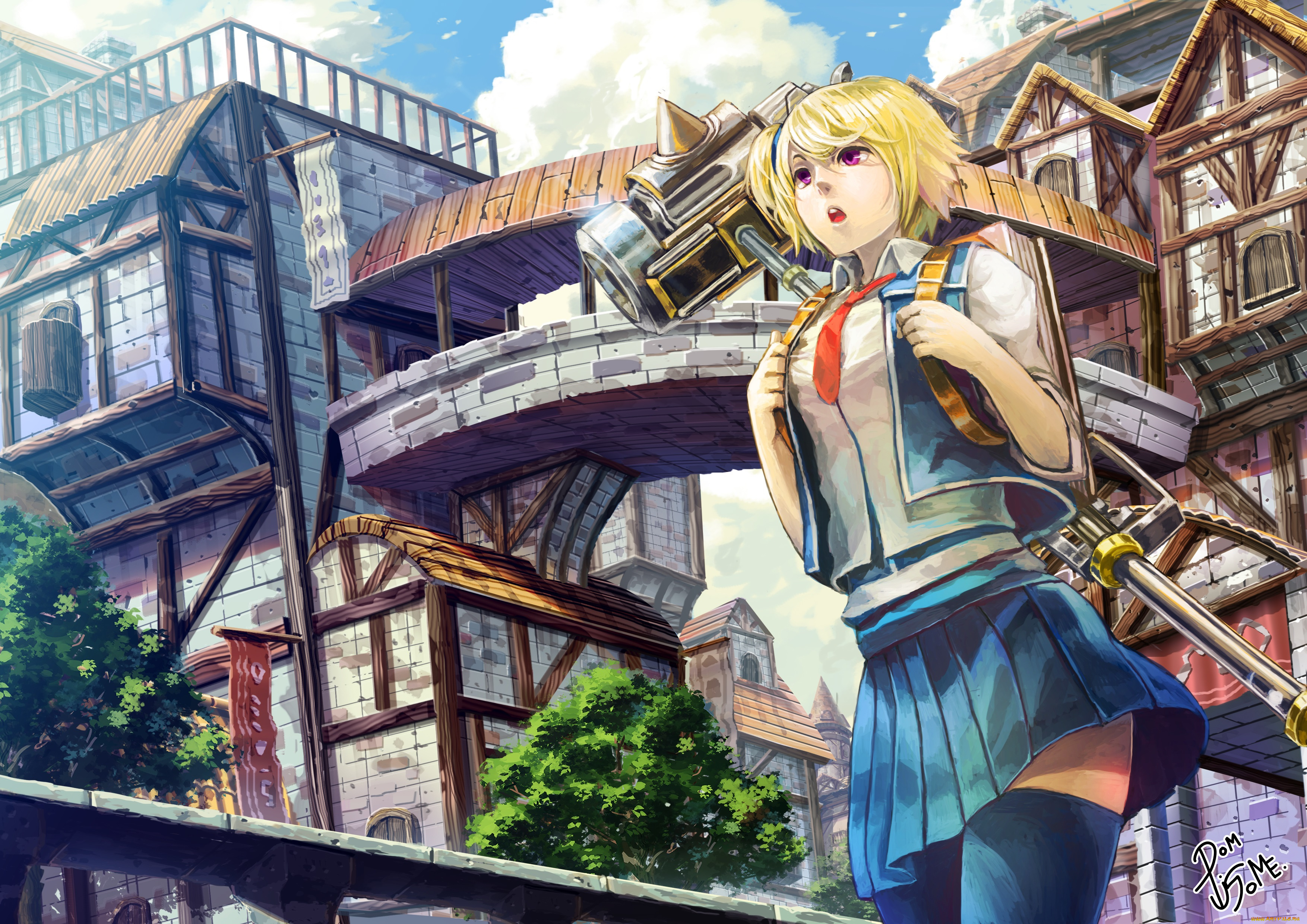 аниме, город, , улицы, , здания, юбка, девушка, взгляд, форма, галстук