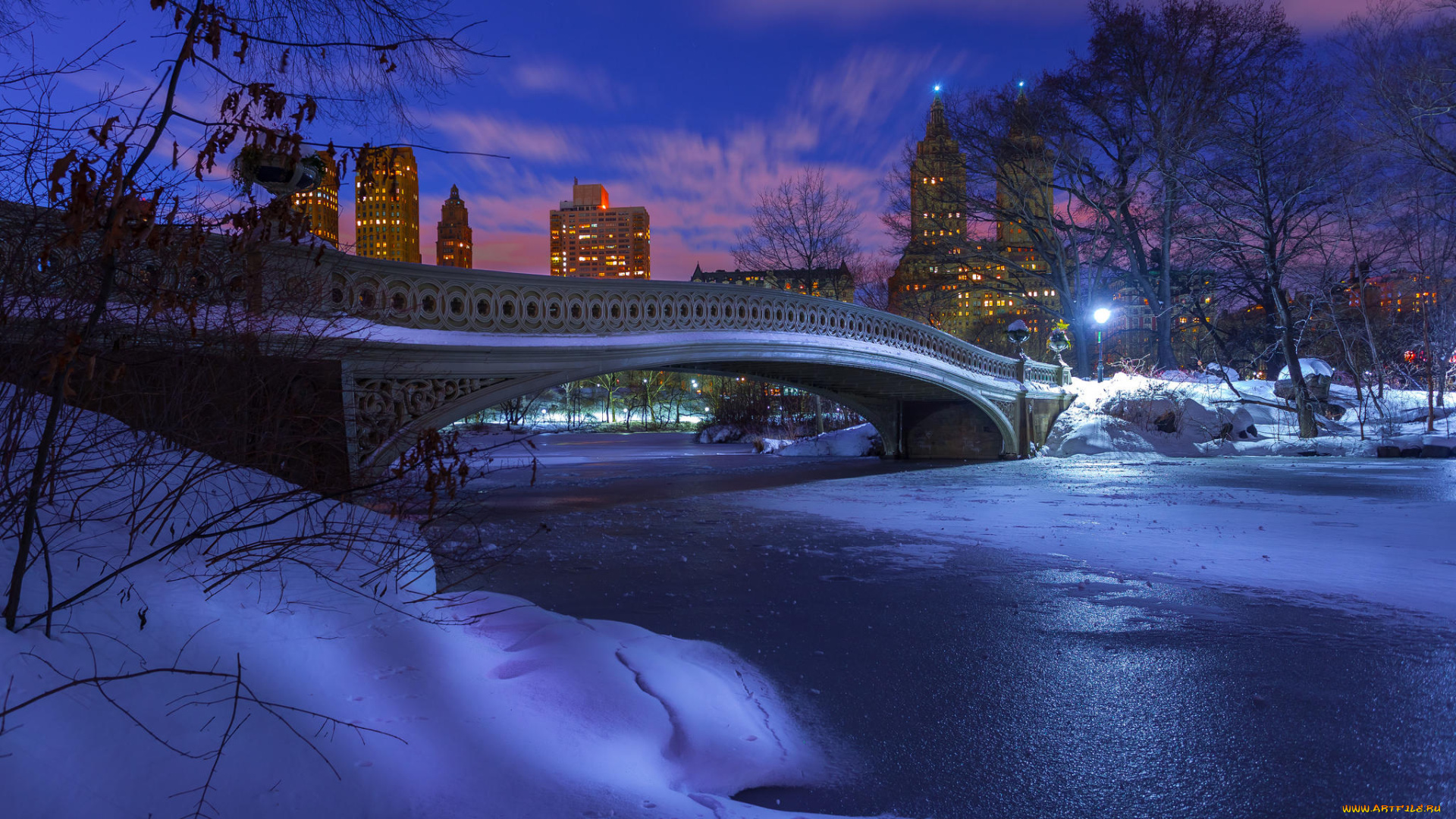 города, нью-йорк, , сша, gapstow, bridge, центральный, парк, вечер, нью-йорк