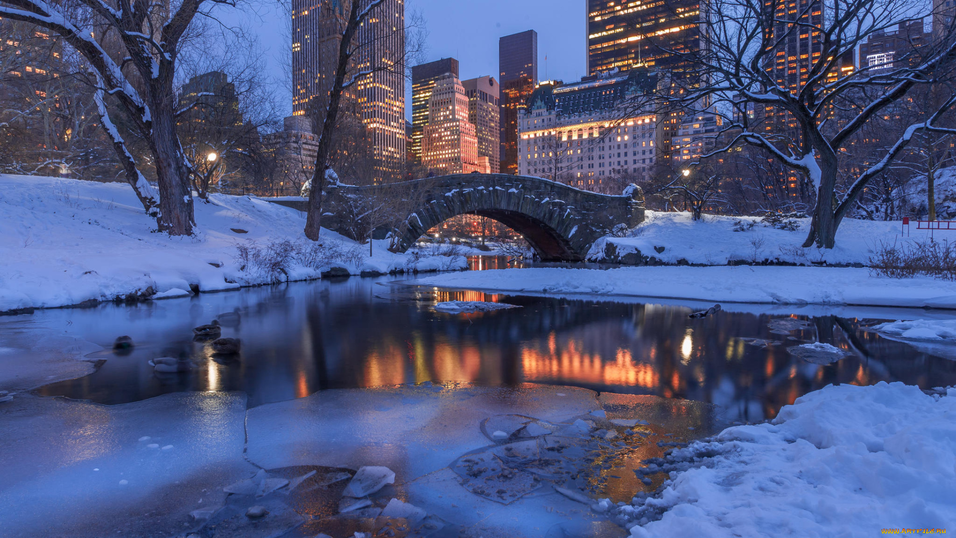 города, нью-йорк, , сша, gapstow, bridge, вечер, нью-йорк, центральный, парк