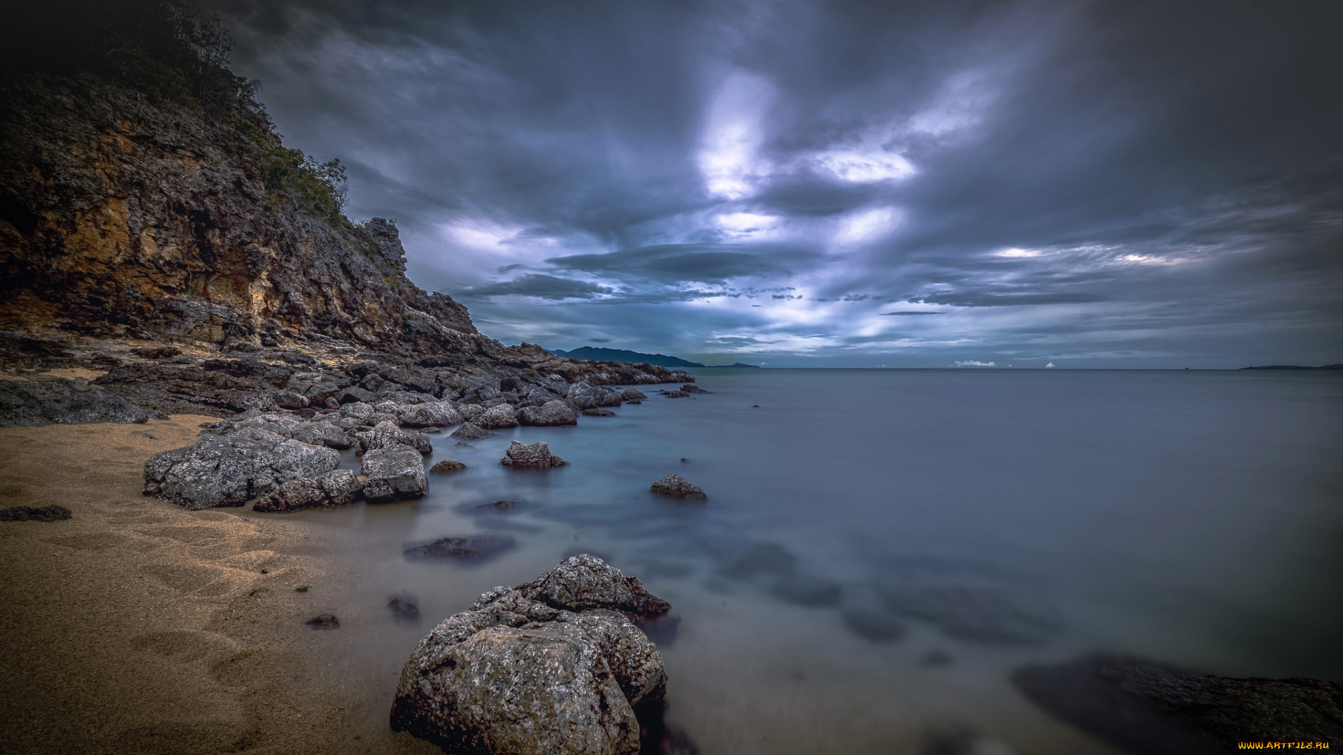 природа, побережье, море, камни, облака