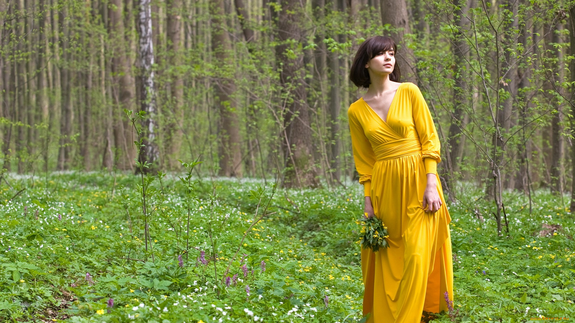 девушки, -unsort, , брюнетки, темноволосые, деревья, цветы, платье, лес, девушка