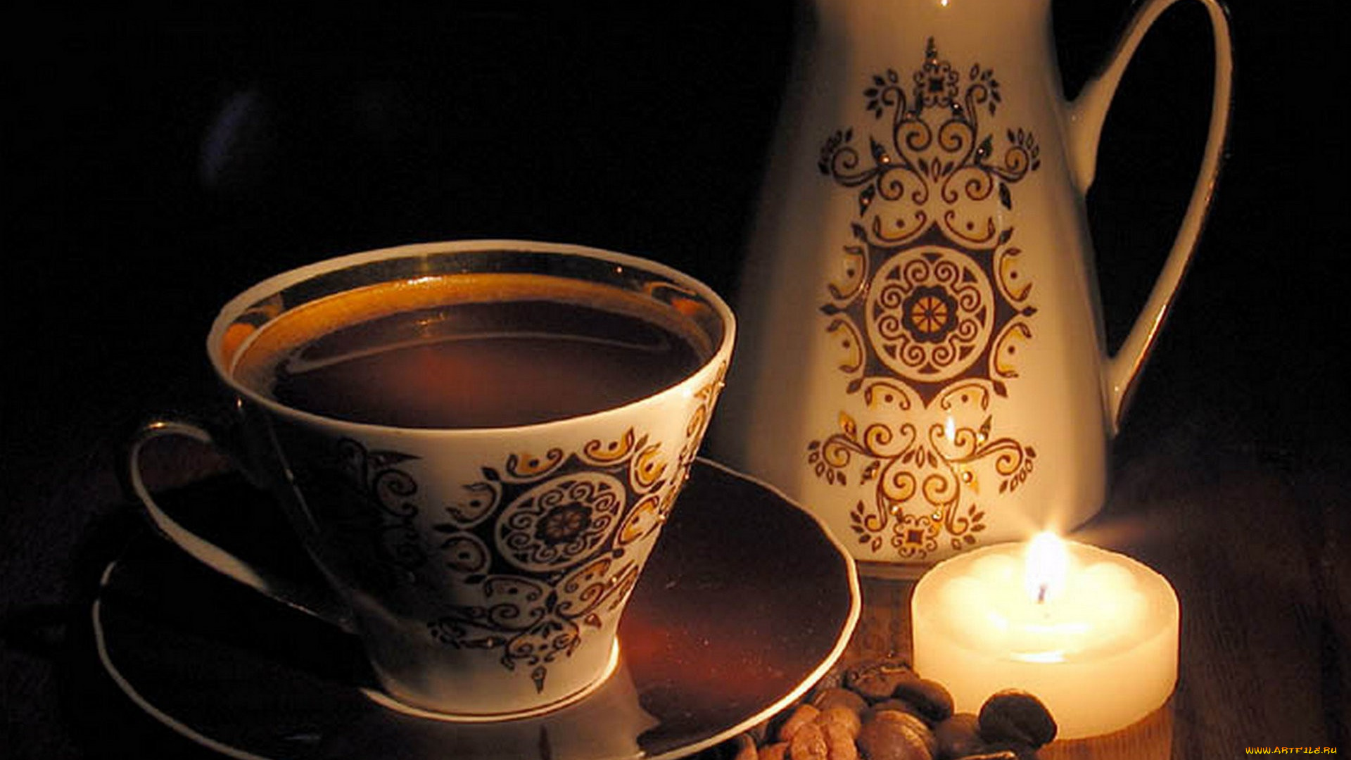 еда, кофе, , кофейные, зёрна, свеча, зерна, чашка, кофейник