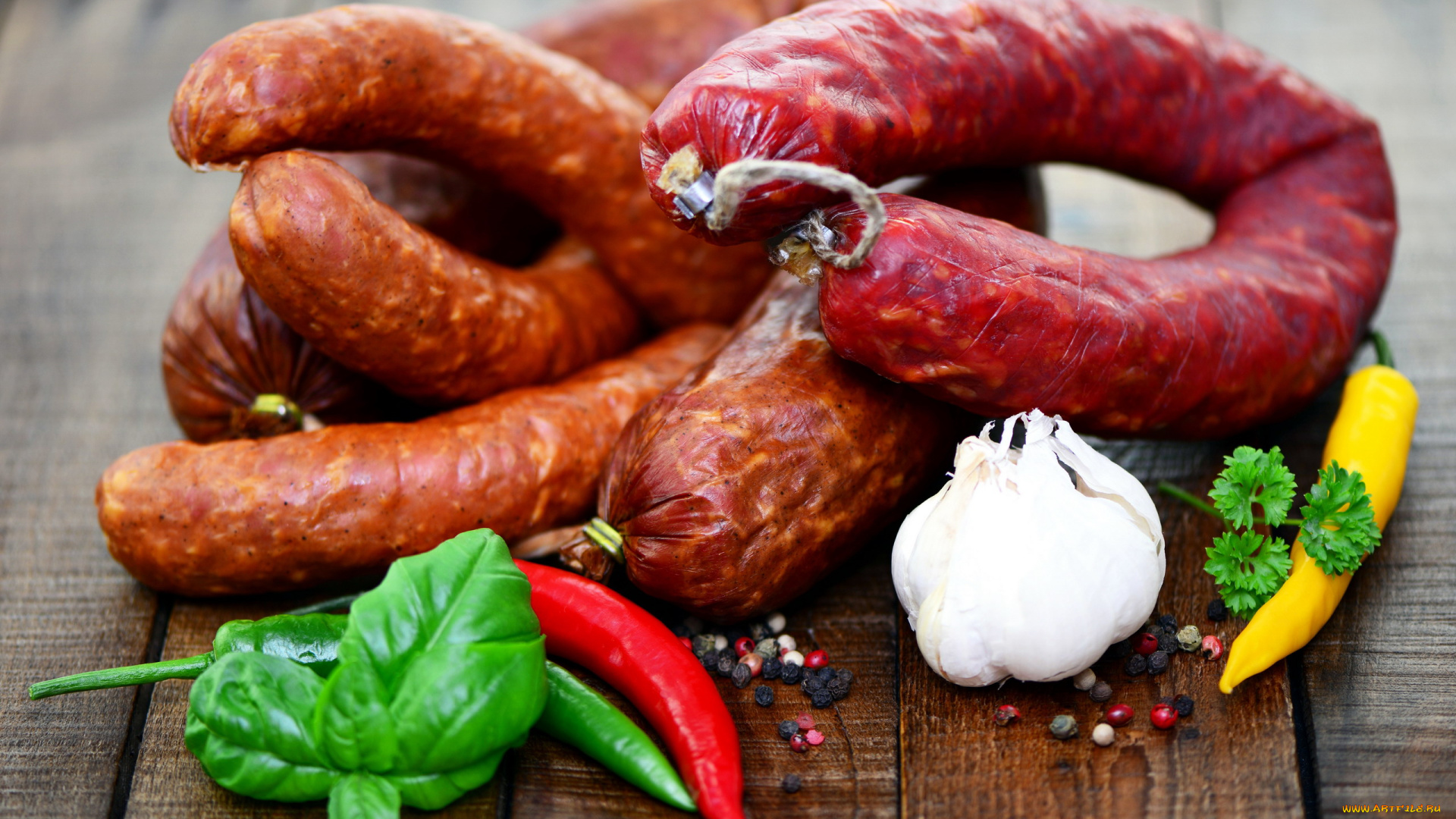 еда, колбасные, изделия, чеснок, базилик, колбаса, копченая, перец
