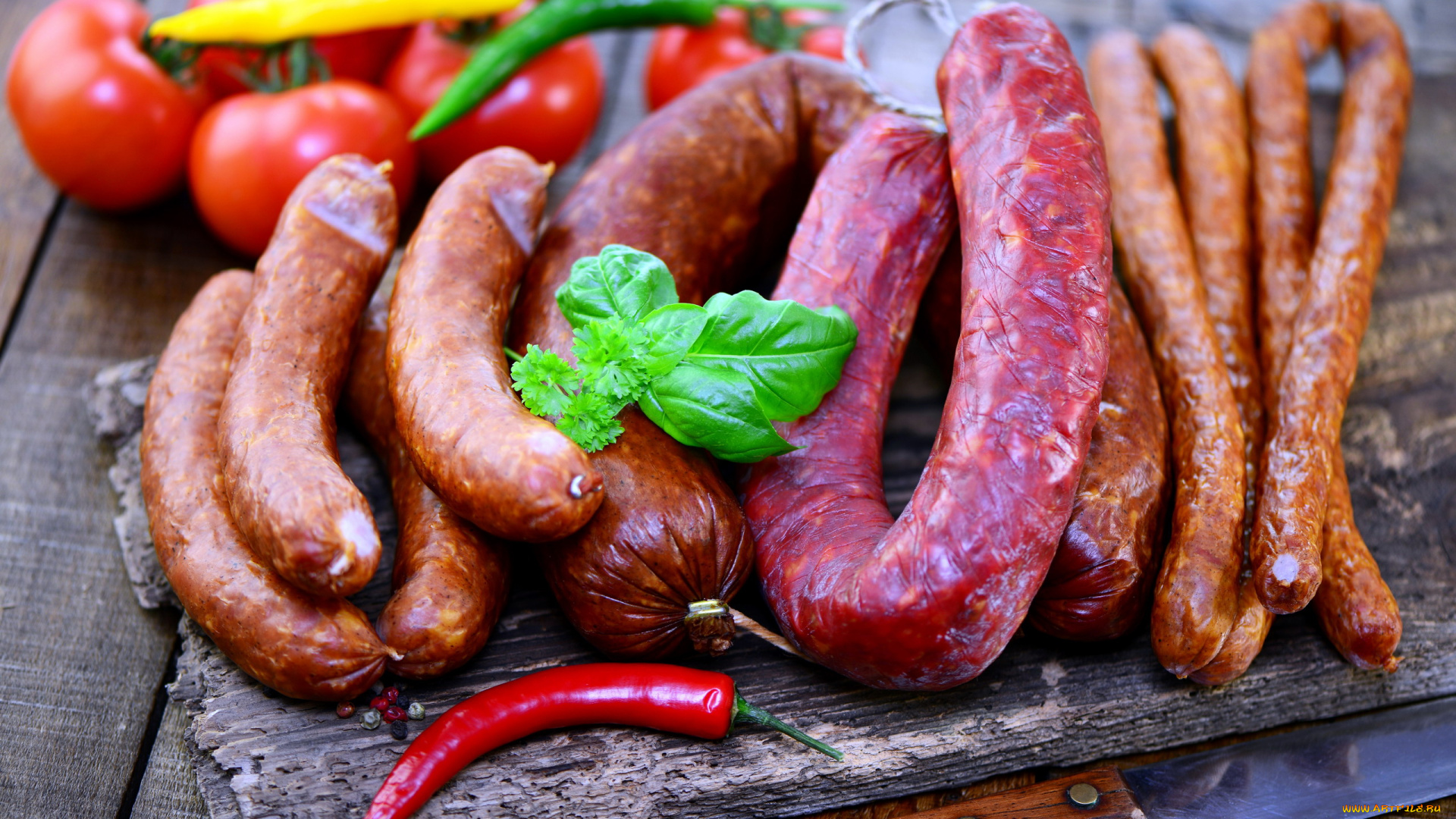 еда, колбасные, изделия, помидоры, перец, базилик, колбаса, копченая, томаты