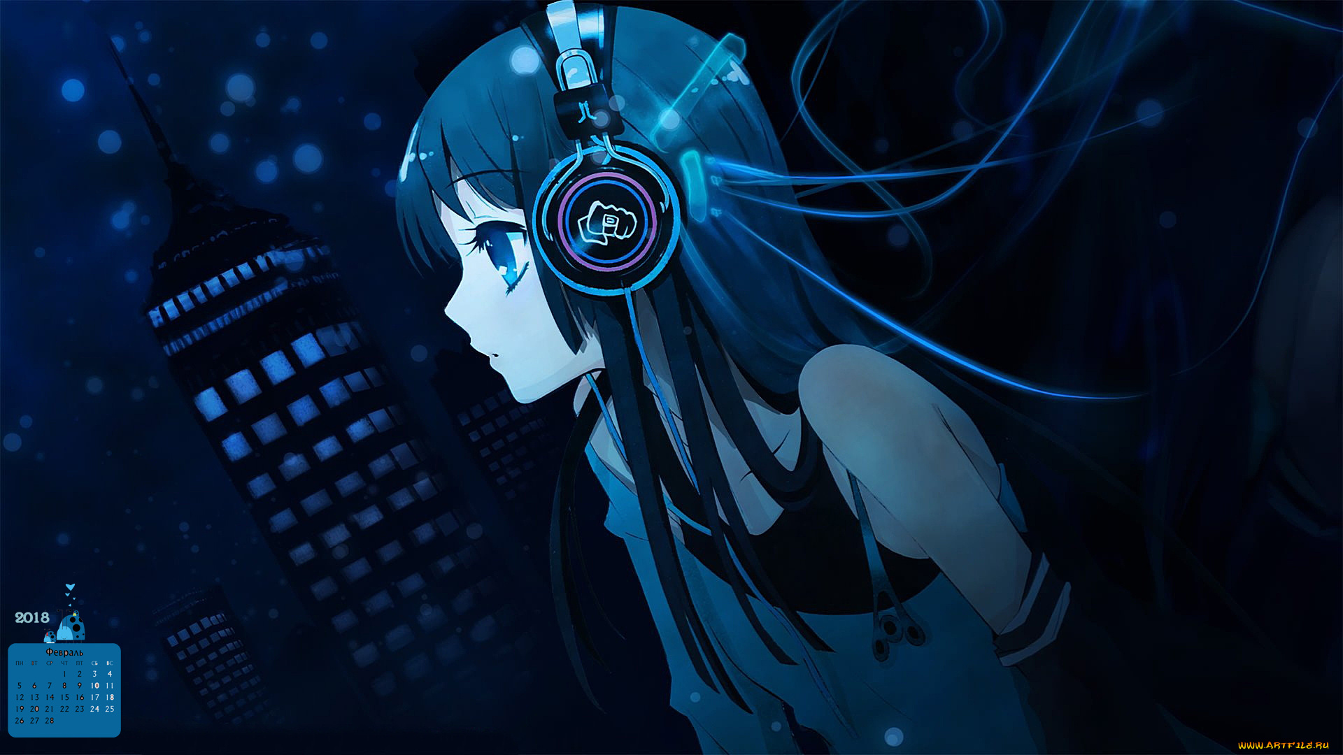 календари, аниме, 2018, девушка, взгляд, профиль, наушники
