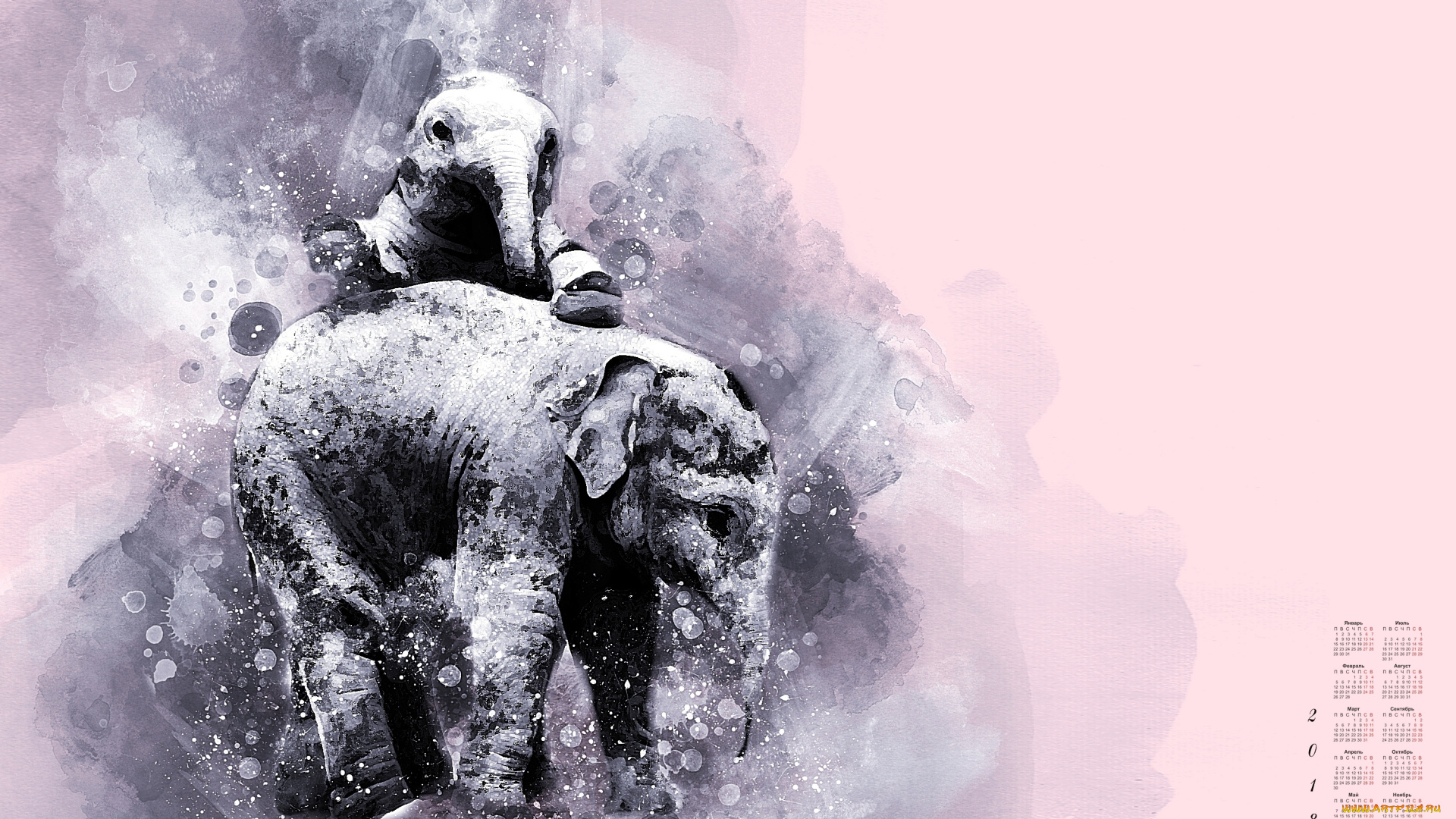 календари, компьютерный, дизайн, двое, слон, 2018