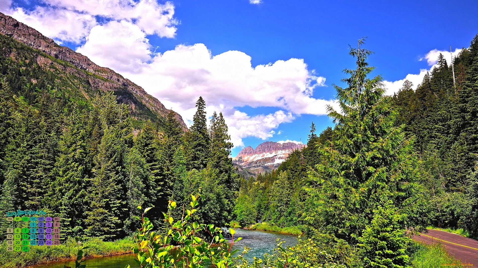 календари, природа, 2018, гора, деревья, водоем, облака