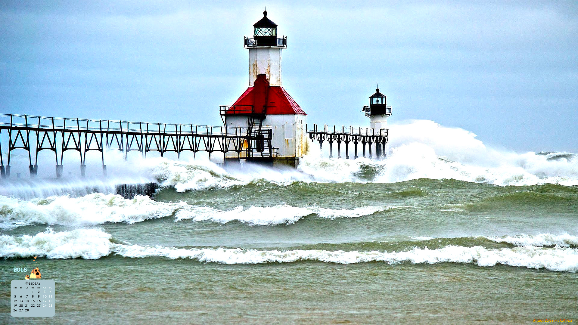 календари, природа, 2018, водоем, маяк, волна
