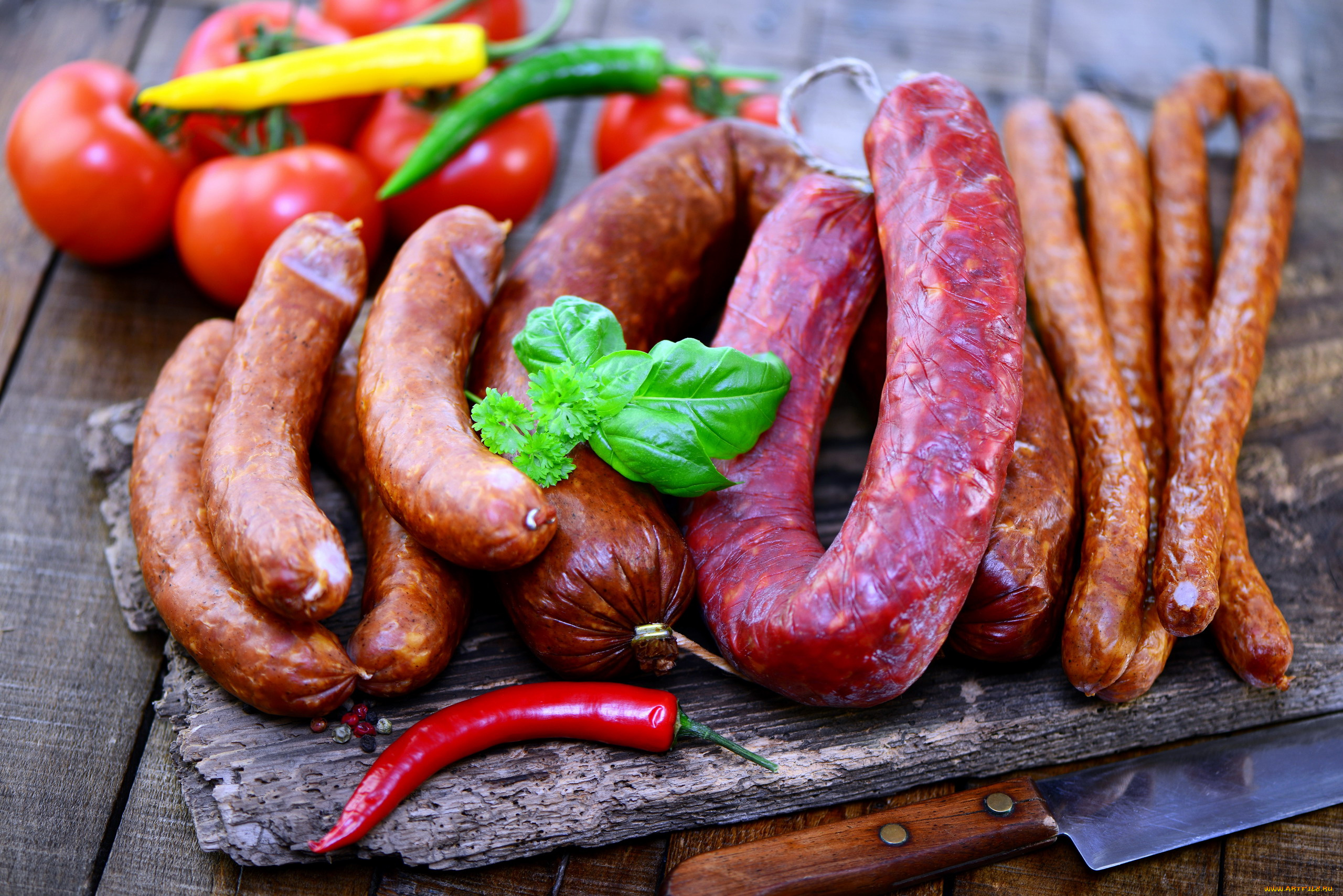 еда, колбасные, изделия, помидоры, перец, базилик, колбаса, копченая, томаты