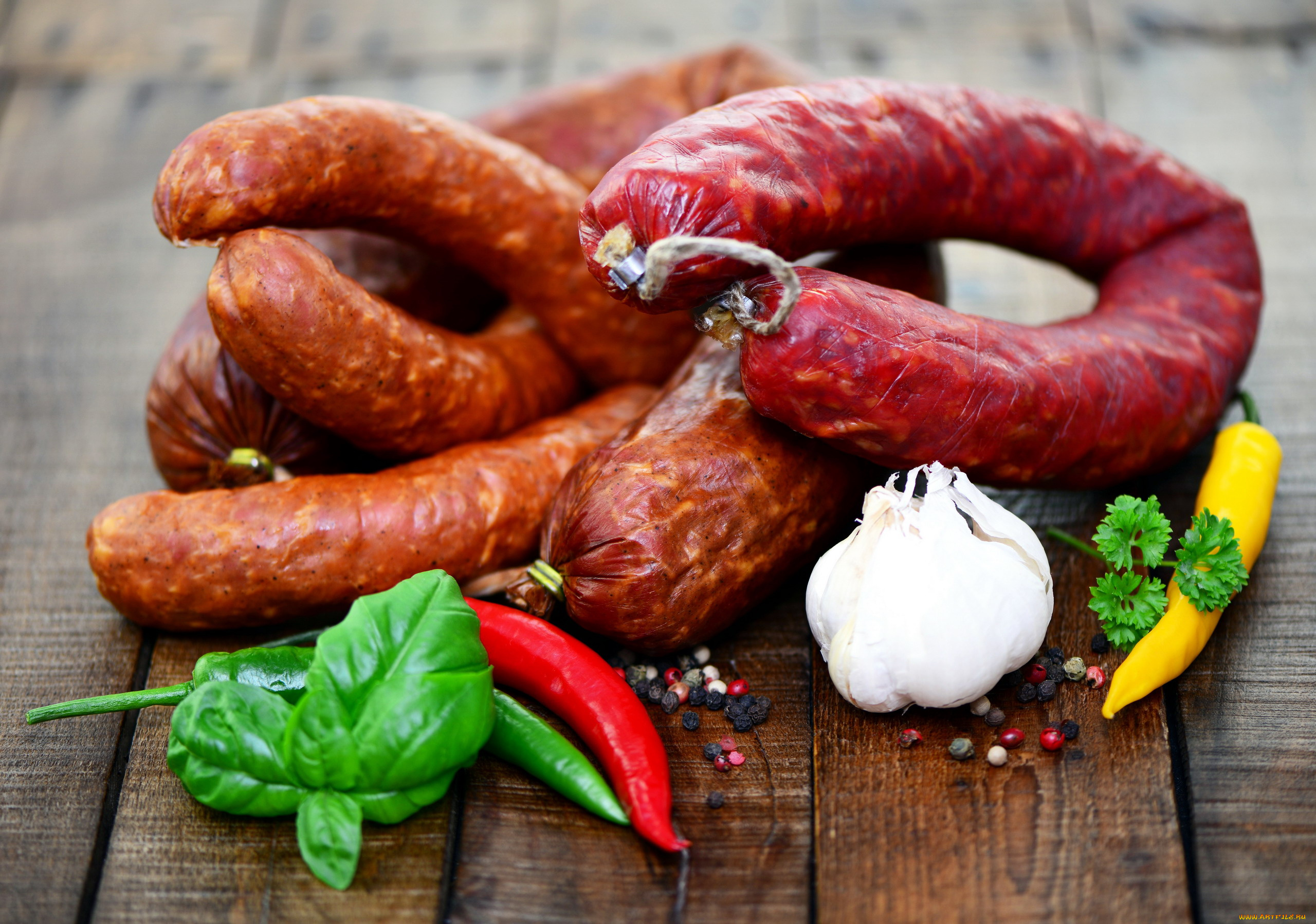 еда, колбасные, изделия, чеснок, базилик, колбаса, копченая, перец
