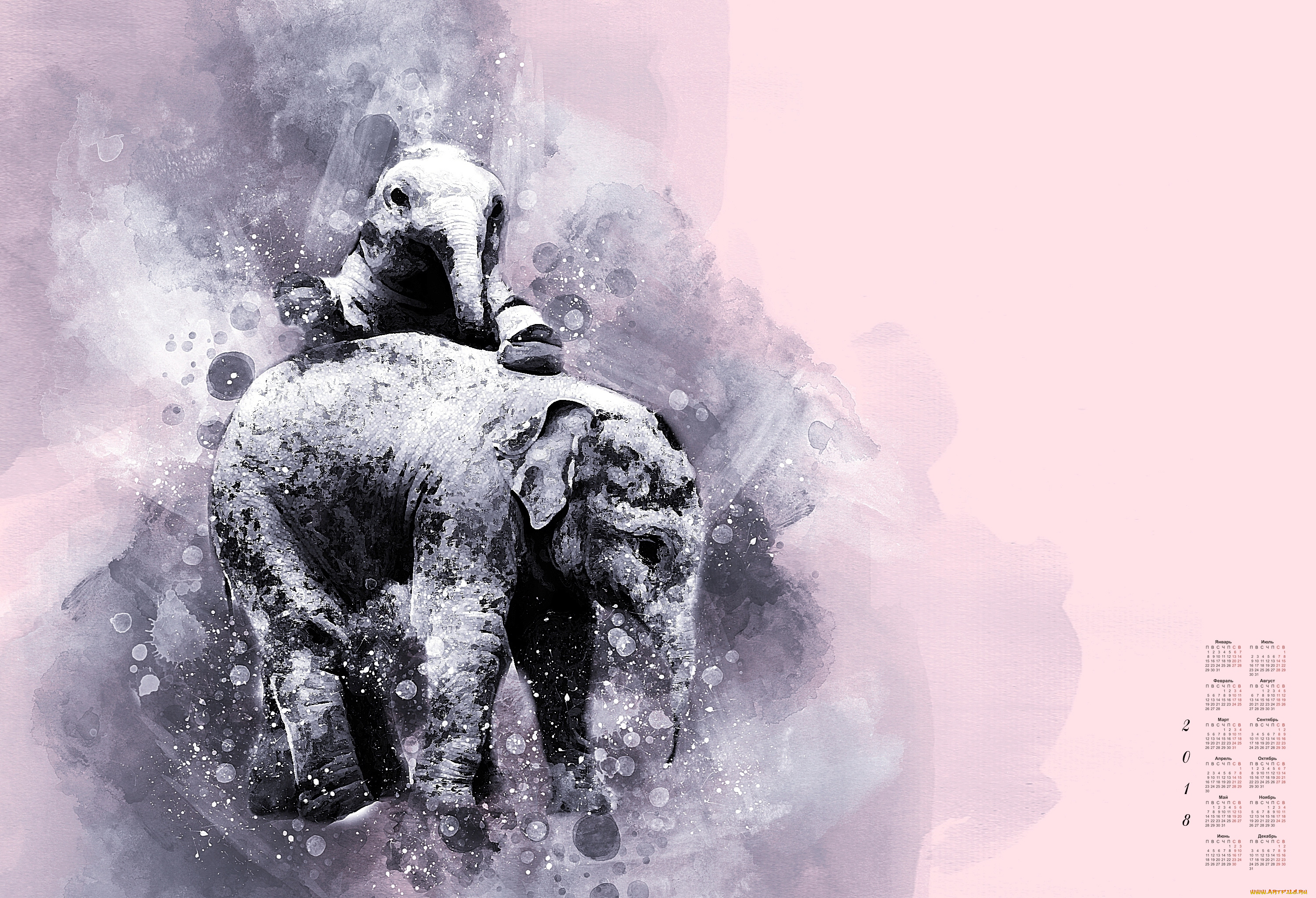 календари, компьютерный, дизайн, двое, слон, 2018