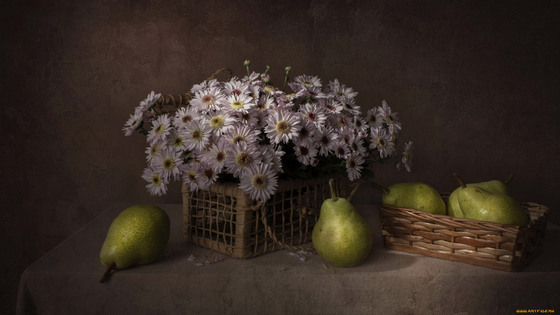 еда, груши, цветы, букет, корзинка