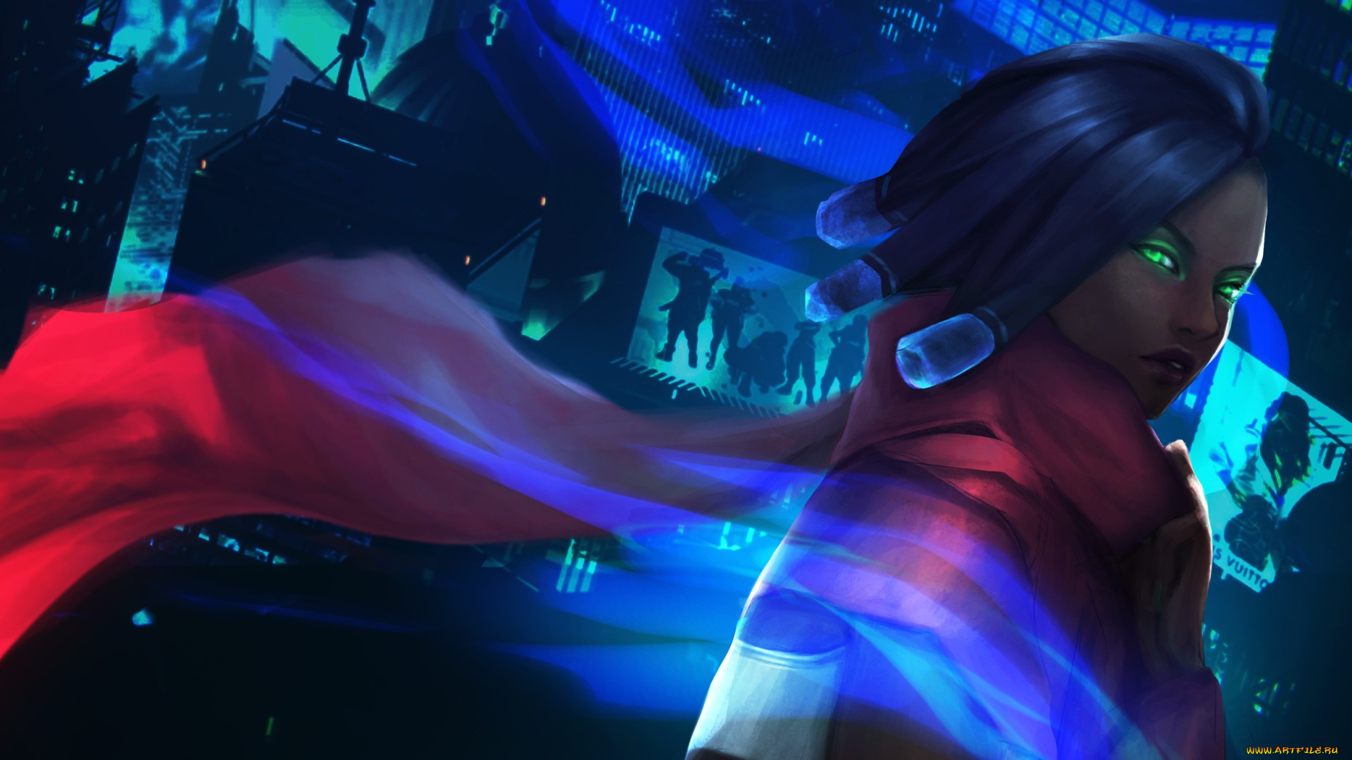 видео, игры, league, of, legends, взгляд, плащ, город, неон, ekko