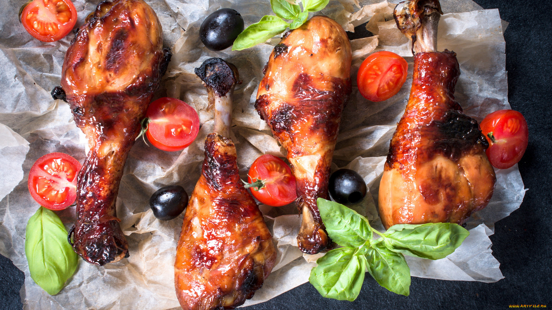 еда, мясные, блюда, базилик, маслины, куриные, ножки, помидоры